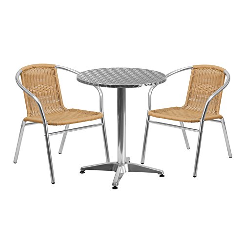 Round Aluminum Patio Dining Table Set with 2 Beige Rattan Chairs - 23.5