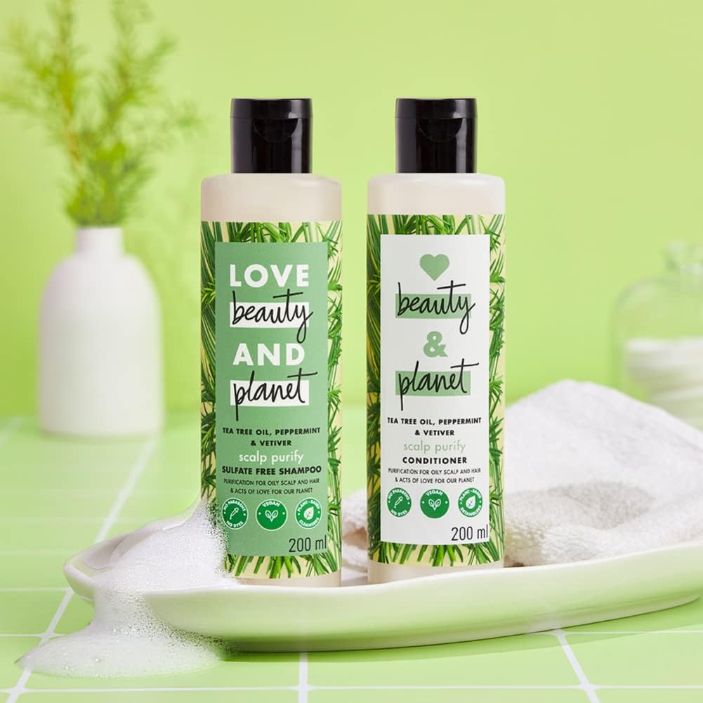 Loves Beauty & Planet Tea Tree, Peppermint & Vetiver Purifying Shampoo & Conditioner Set - 200ml Each, Paraben-Free, Dye-Free, Vegan & Cruelty-Free Hair Care for Oily Scalp & Dandruff Control - Perfect for Daily Use & Deep Cleansing