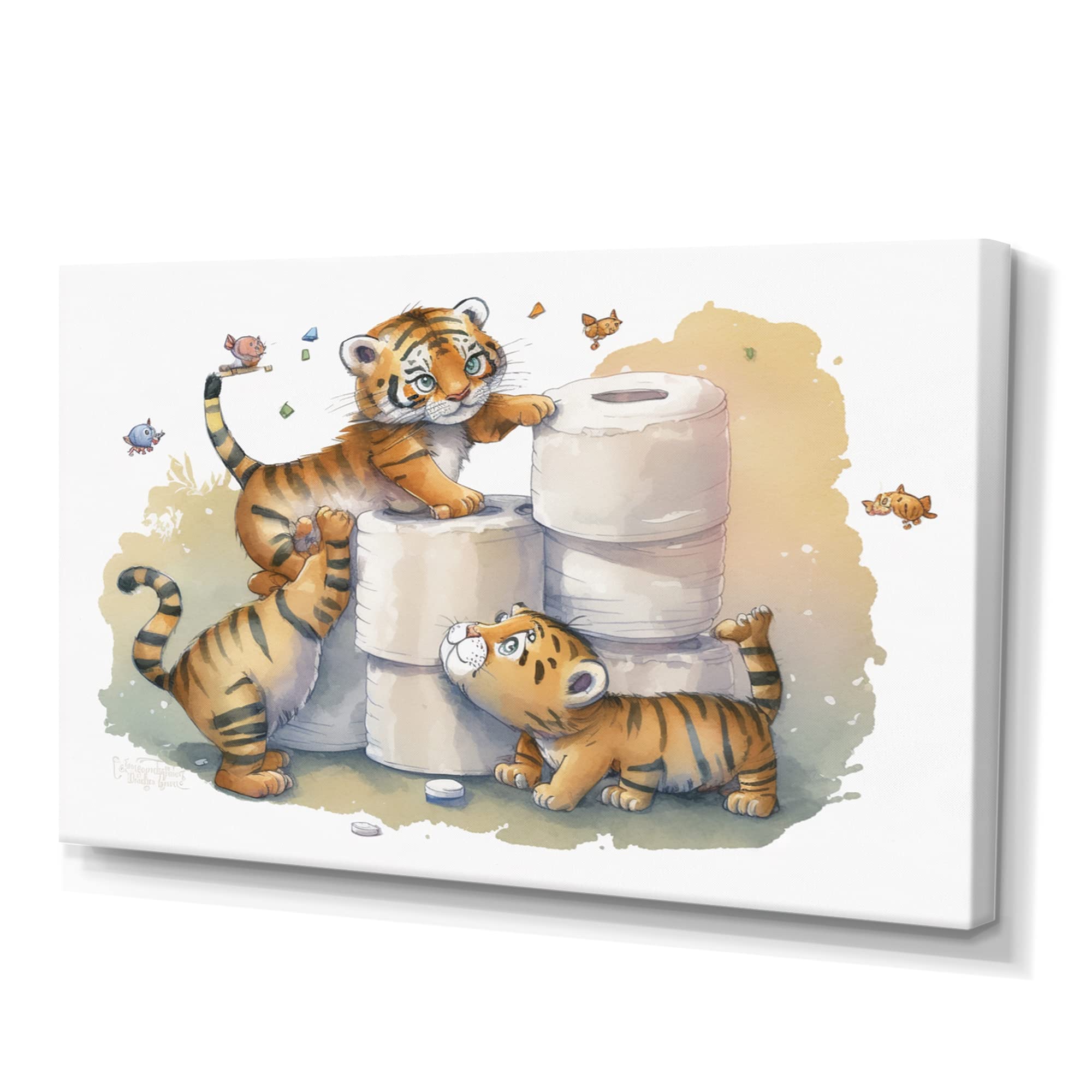 Cute Tiger Playing with Toilet Paper Canvas Wall Art - Wood & Cotton Bathroom Decor - Large Size Wall Hanging for Modern Home, Kids Room & Bathroom Aesthetic