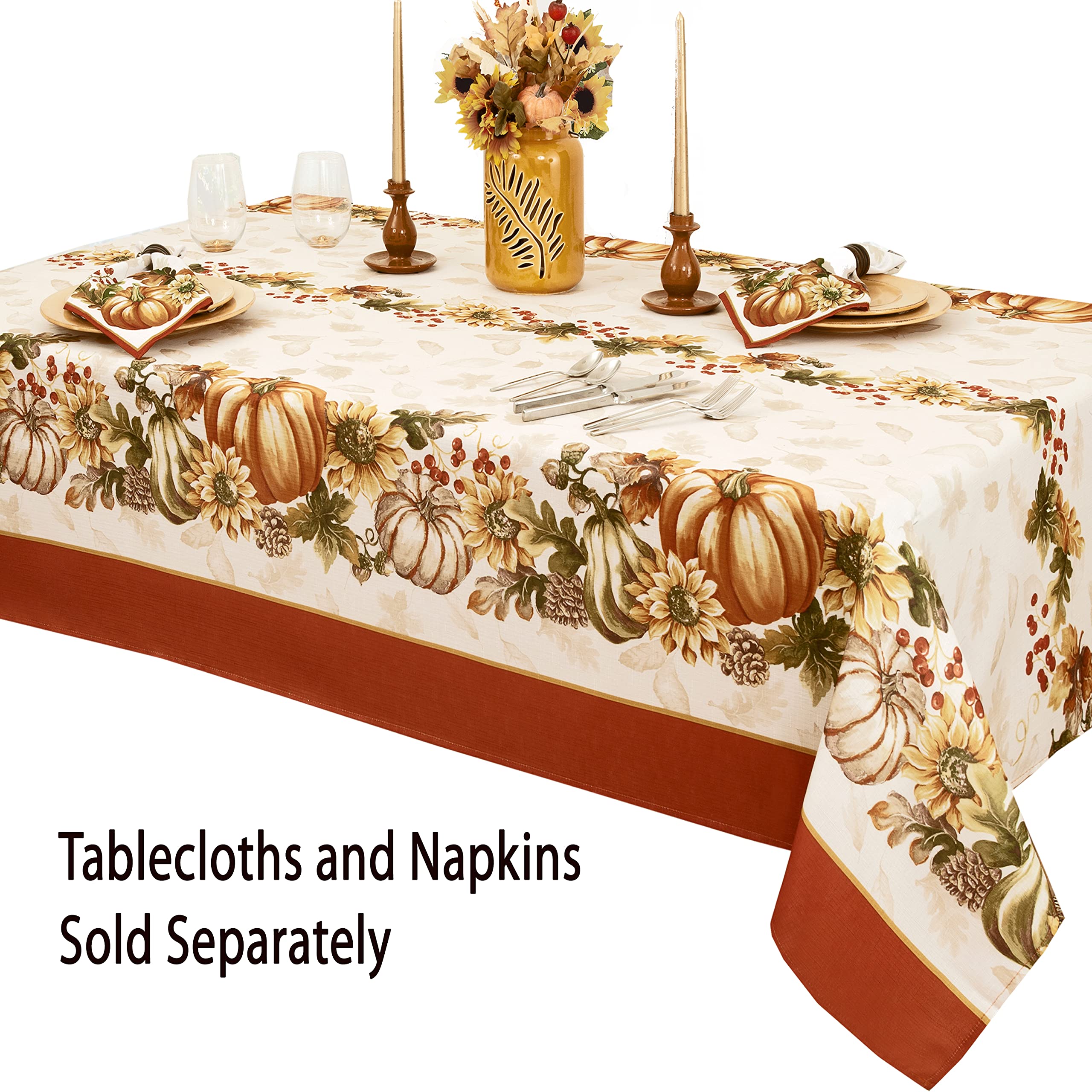 Newbridge Thanksgiving Autumn Harvest Bordered Fabric Placemats - Set of 4 Fall-Themed Pumpkin & Sunflower Print Table Mats - Soil & Stain Resistant for Holiday Dining, Dinner Parties & Cozy Family Gatherings