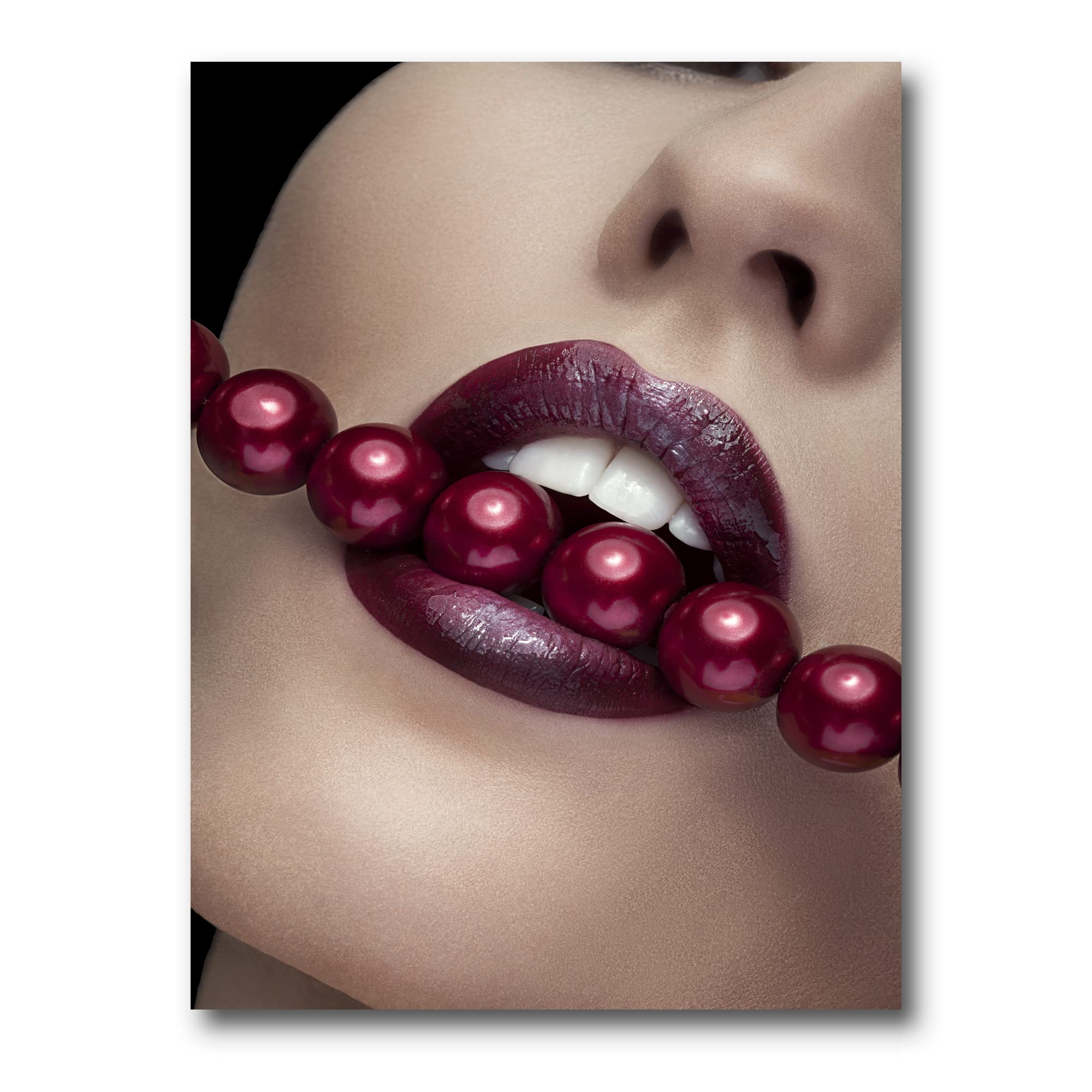 DesignQ Modern Canvas Wall Art - Red Lips & Pearls Biting Woman Painting - Perfect for Living Room, Bedroom, or Office Decor