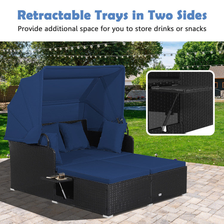 Costway Outdoor Patio Rattan Daybed with Retractable Canopy & Side Tables - Black - Perfect for Poolside Lounging, Garden Relaxation & Backyard Sunbathing
