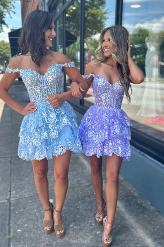 Sparkly Sequin Off Shoulder Short Prom Dress 2024 for Teens - Navy Blue Tiered Lace Cocktail Party Gown - Homecoming Dance, Sweet 16, Quinceañera & Formal Events - US Size 0