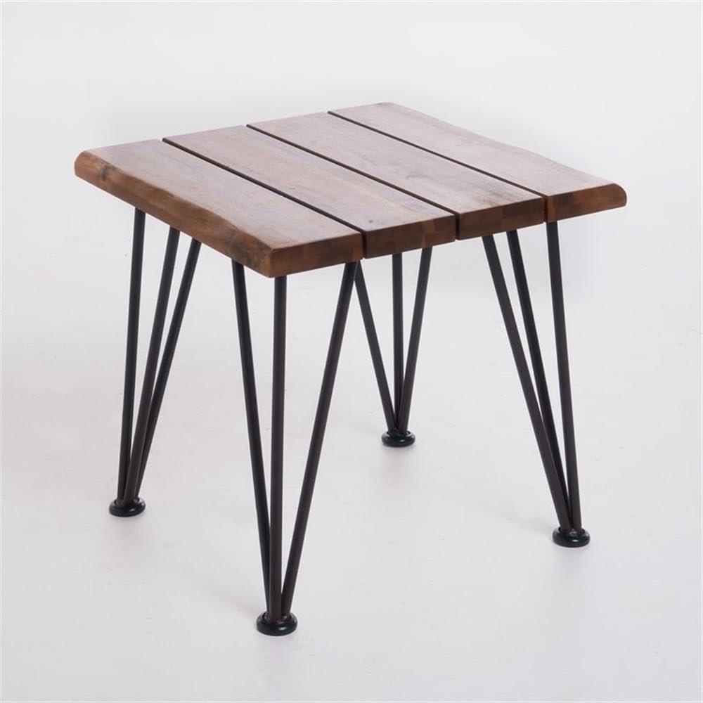 Noble House Zion Iron and Acacia Wood Outdoor Side Table - Natural Finish Patio End Table for Garden, Poolside & Deck Decor