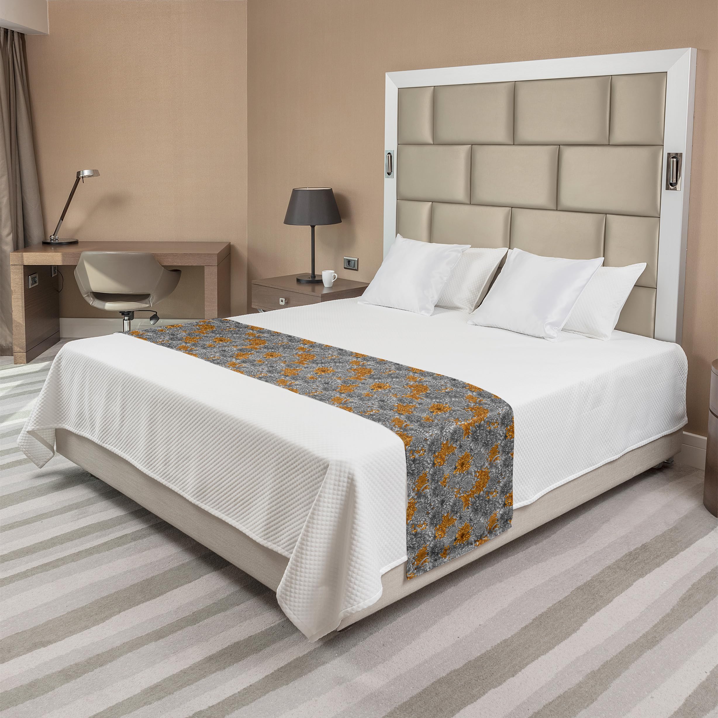 Ambesonne Floral Bed Runner - Grey and Yellow Chrysanthemum Print Decorative Bed Scarf for Queen & King Beds | Elegant Home & Hotel Bedding Accent | Perfect for Guest Rooms, Master Bedrooms & Luxury Bed Makeovers