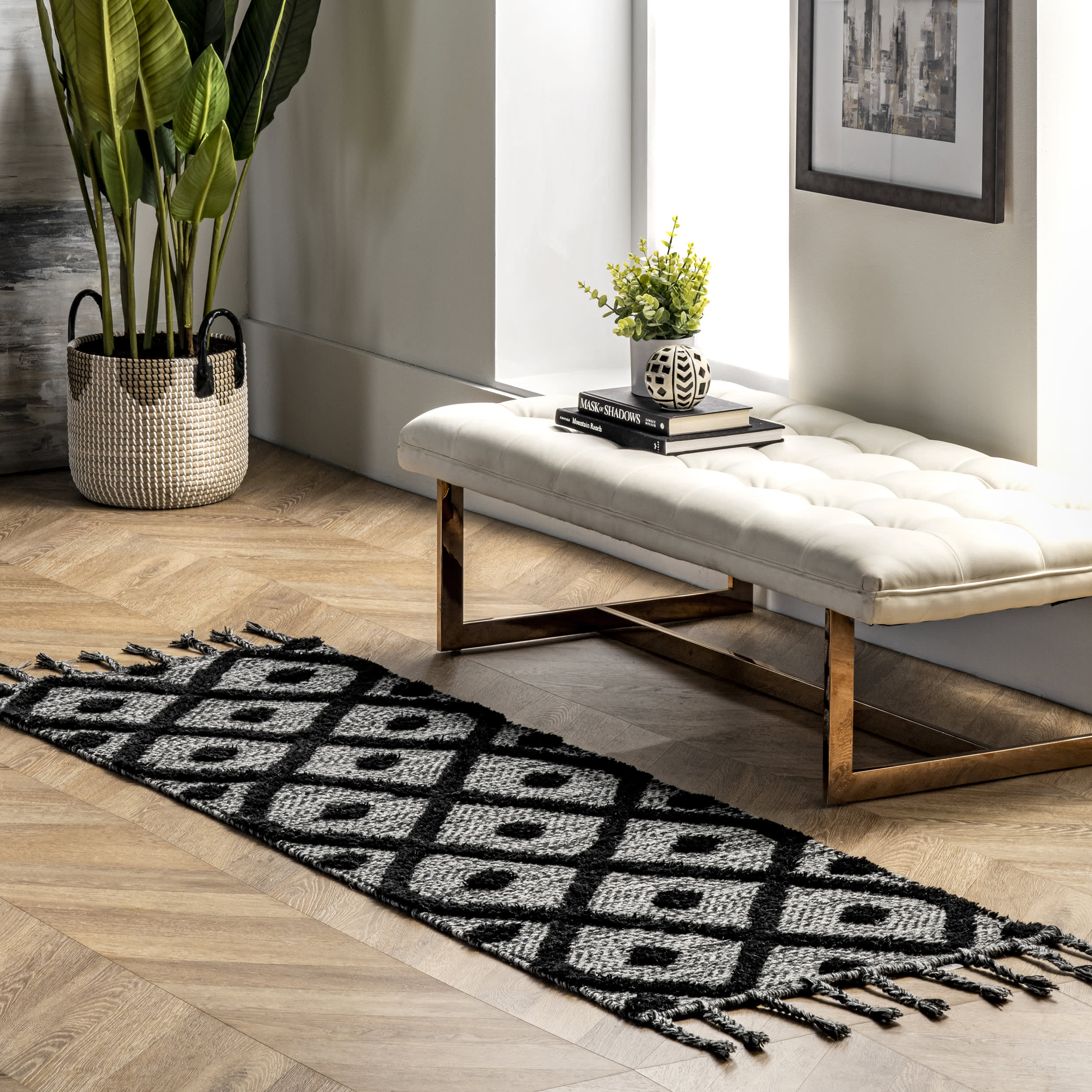 Diamond Textured Trellis Tassel Rug - Dark Grey Area Rug for Living Room, Bedroom & Home Decor | Soft & Durable Handmade Carpet