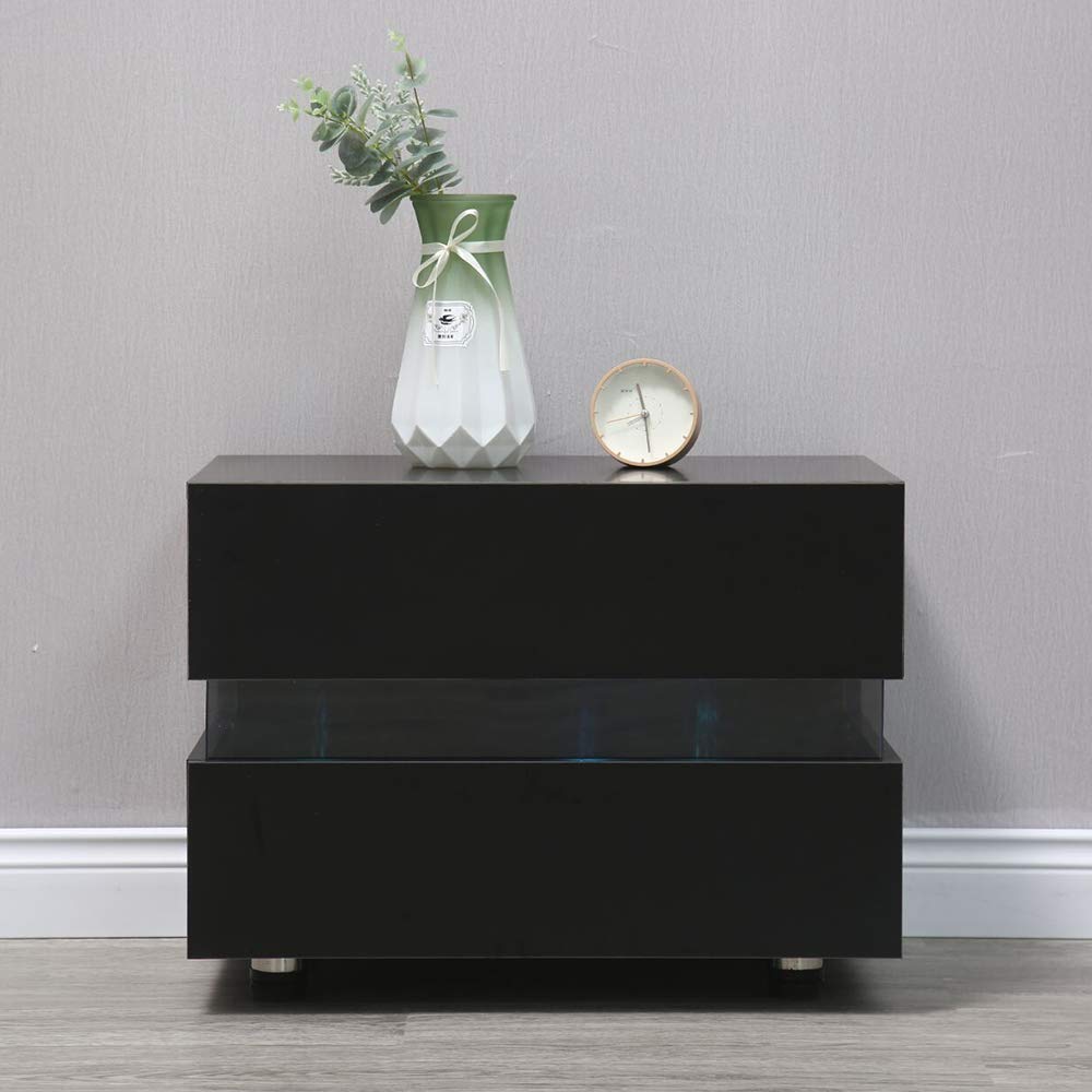 Modern LED Nightstand with 2-Tier Drawers - High Gloss Black Bedside Table with Colorful Lighting | Perfect for Bedroom, Dorm, or Small Space Storage