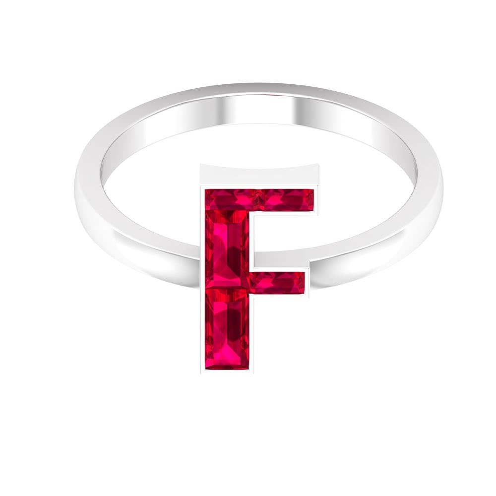 Personalized Ruby Initial Rings for Women - 14K White Gold Baguette Ruby A-Z Alphabet Letter Rings - Perfect for Birthdays, Anniversaries & Gifts