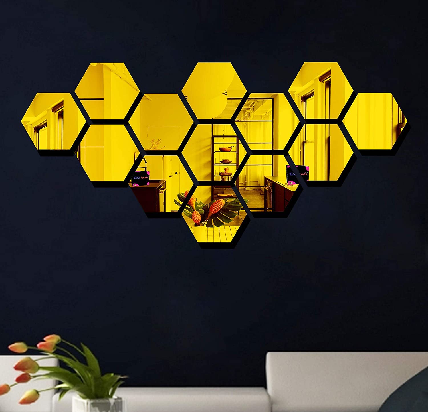 Hexagon 13-Pack Golden Acrylic Mirror Wall Stickers - Self-Adhesive Decorative Wall Decals for Home, Bedroom, Living Room & Office Decor