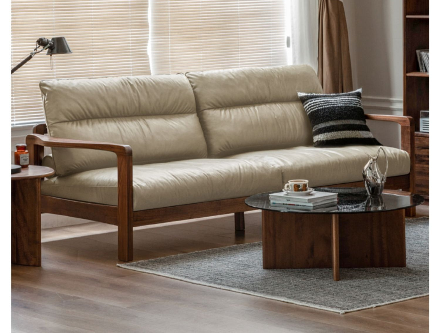 Premium Black Walnut Solid Wood Leather Sofa - Modern Luxury Living Room Furniture for Home & Office (Perfect for Lounging, Entertaining & Relaxing)