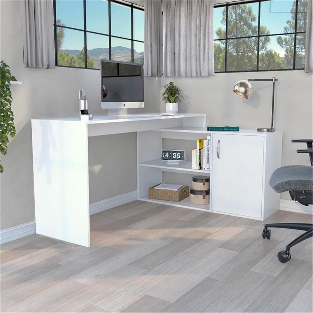 White TUHOME Axis L-Shaped Desk - Engineered Wood for Home Office