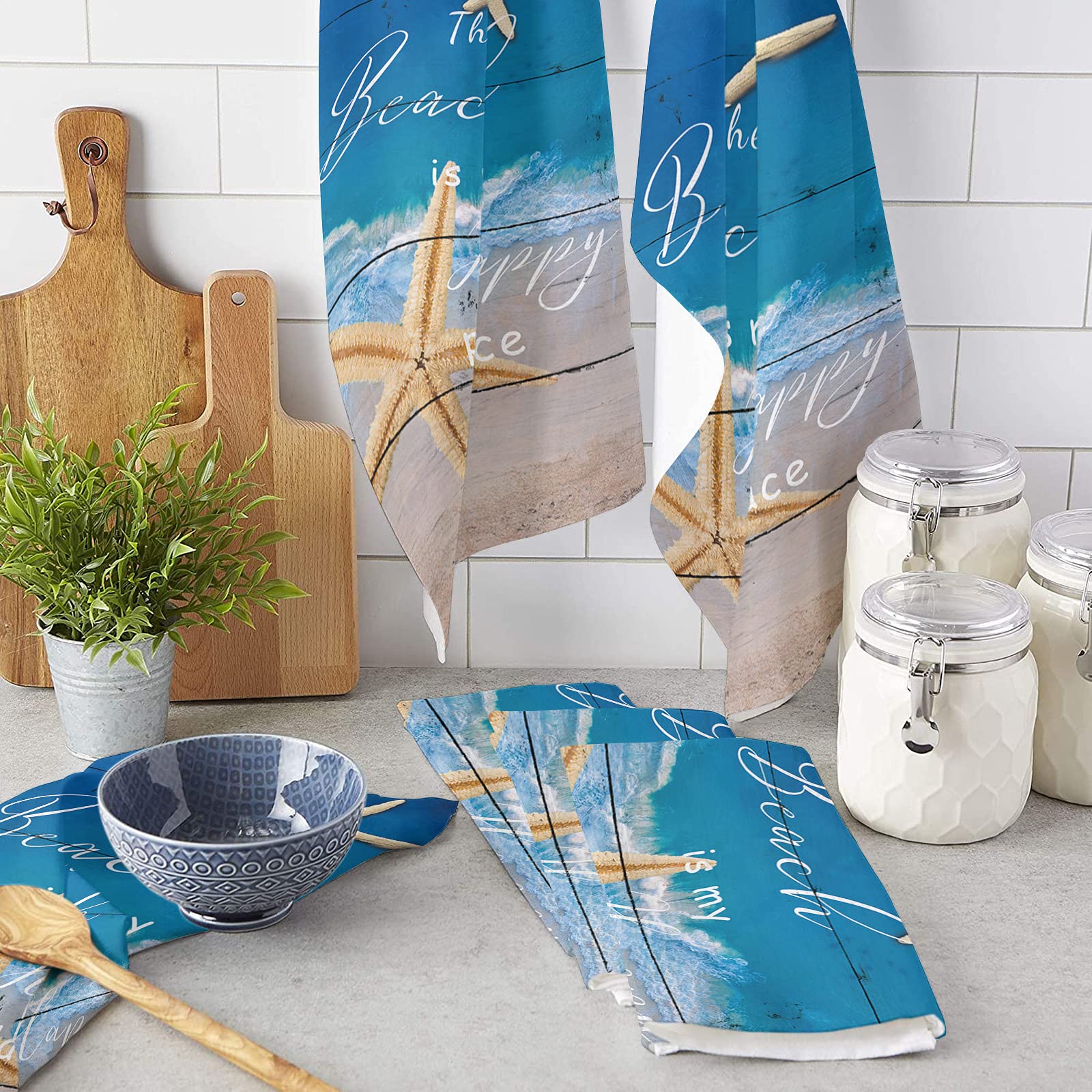 Absorbent Kitchen Dish Towels and Dishcloths Set - 18x28 Inches Beach Themed Hand Towels with Hanging Loop | Starfish Blue Ombre Wood Print | Perfect for Home Cleaning, Kitchen Decor & Summer Beach House Essentials