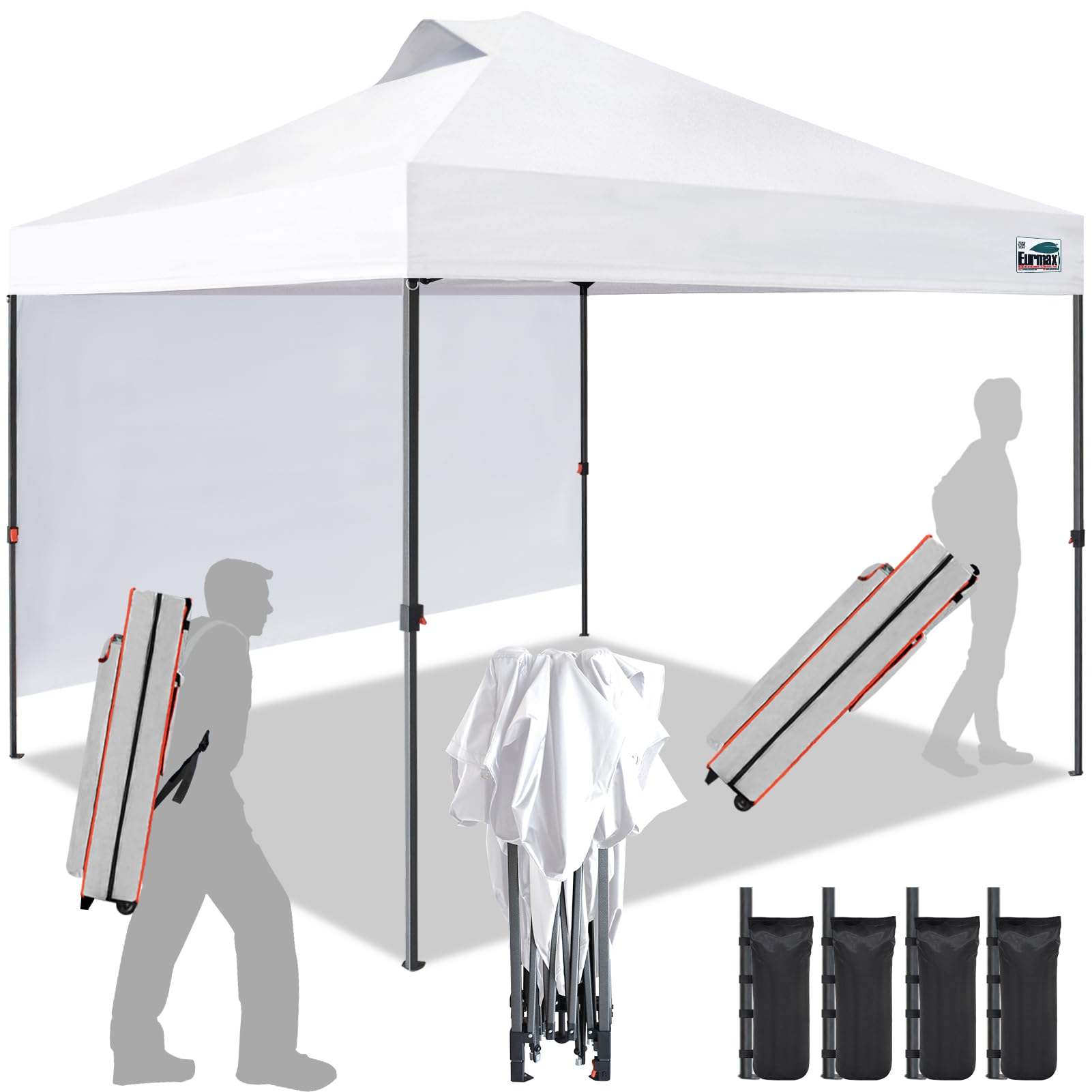 Eurmax USA 10x10ft Pop Up Canopy Tent - One-Person Setup Portable Shelter with Removable Sidewall & 4 Sand Bags - Instant Sunshade for Outdoor Events, Beach, Camping, Backyard Parties (White)