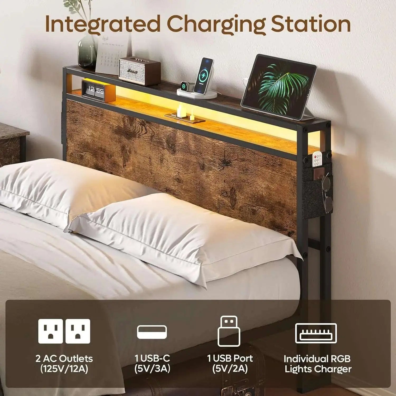 Bestier Queen Size LED Bed Frame with Headboard and Storage - Modern Platform Bed with USB Ports & Underbed Storage - Perfect for Bedroom, Dorm, Apartment & Small Spaces