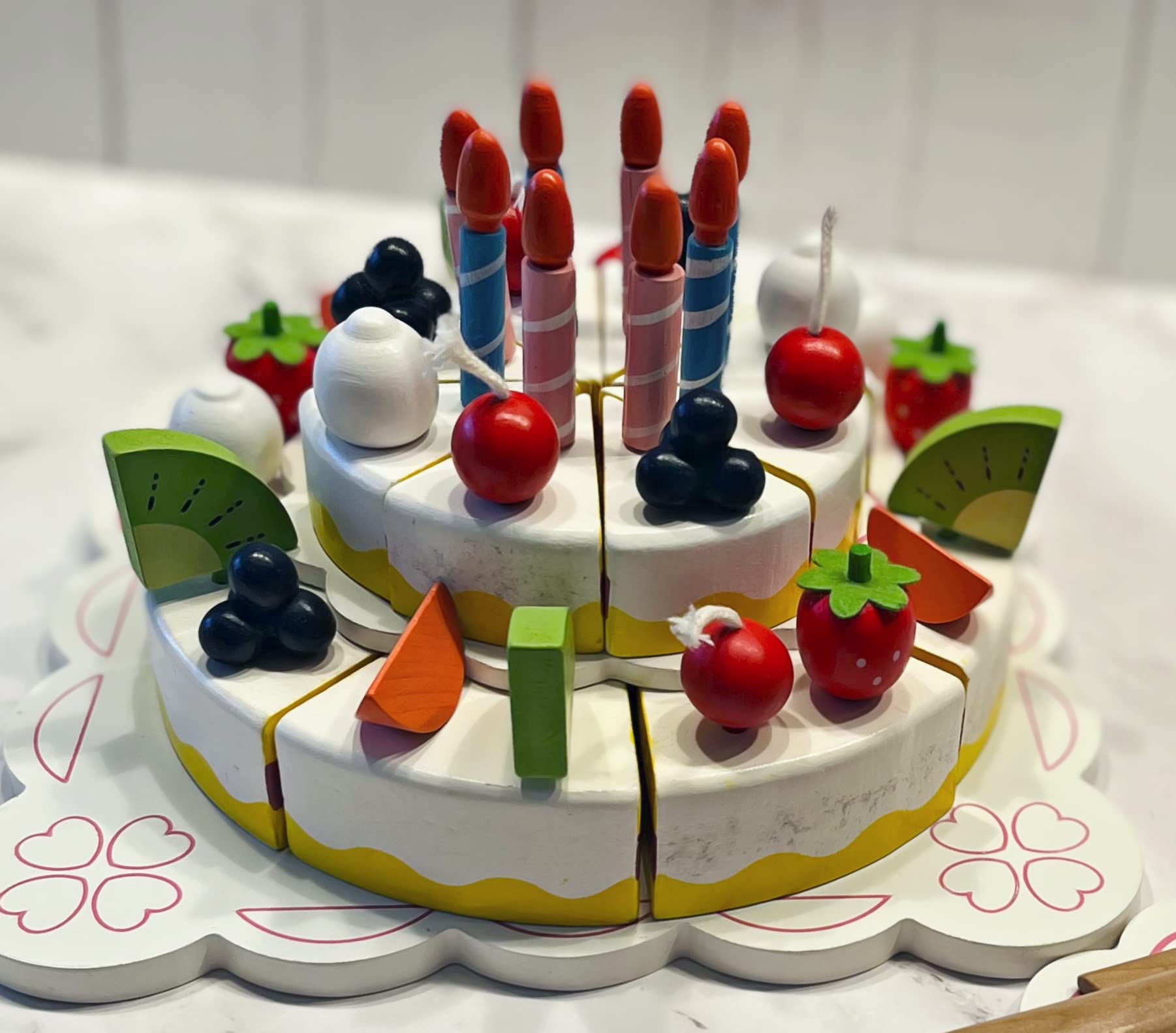 2 Tier Fake Wood Birthday Cake Set - White Decorative Cake with Fruit & Candles for Wedding, Baby Shower & Party Decorations