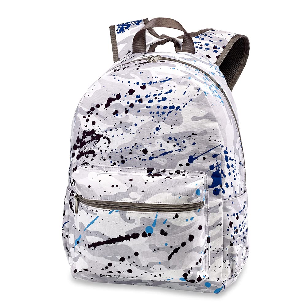 Top Trenz School Backpack for Kids & Teens - Durable Canvas Daypack for Camp, Travel & Daily Use (White/Grey Camo Splatter Design)