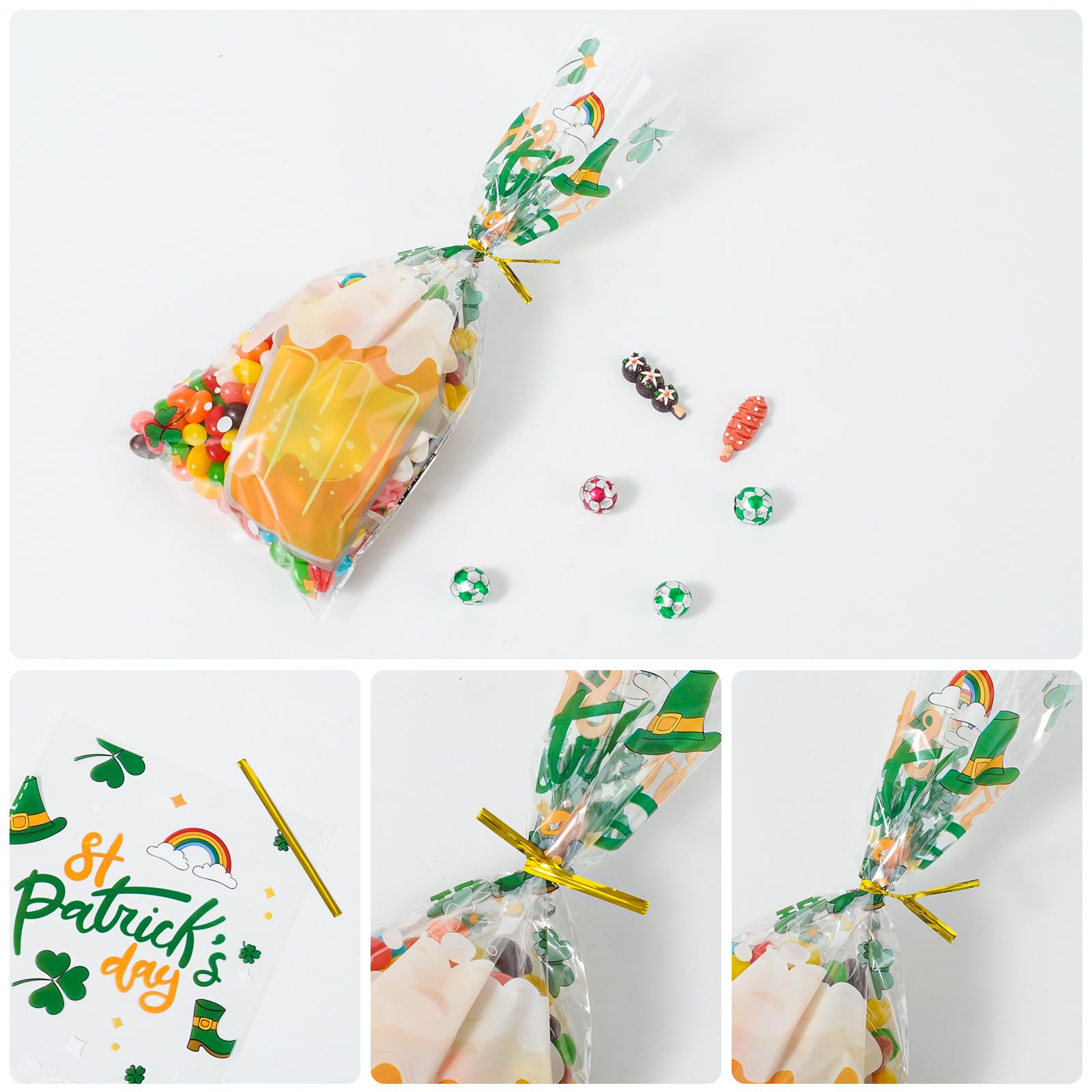 50 Pcs St. Patrick's Day Green Cellophane Treat Bags 5x10.5 Inches - Shamrock Printed Irish Party Favor Bags with Twist Ties for Candy, Cookies & Small Gifts - Perfect for St. Patrick's Day Celebrations, Classroom Treats & Holiday Party Favors