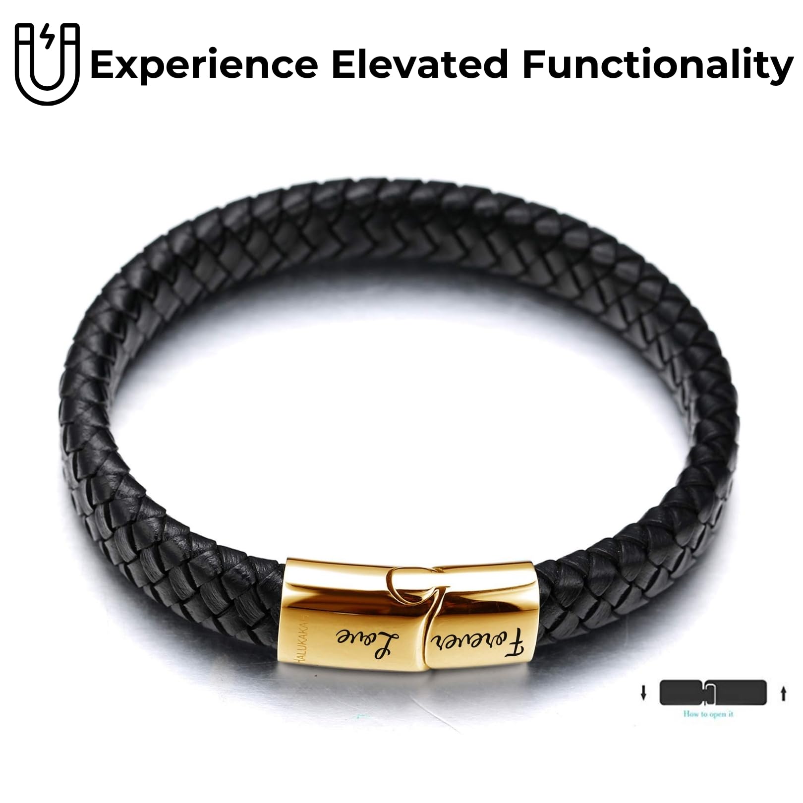 **Halukakah Kids Leather Bracelet for Boys - Classic Brown/Black, Magnetic Titanium Closure in Gold/Silver/Black, Adjustable 7