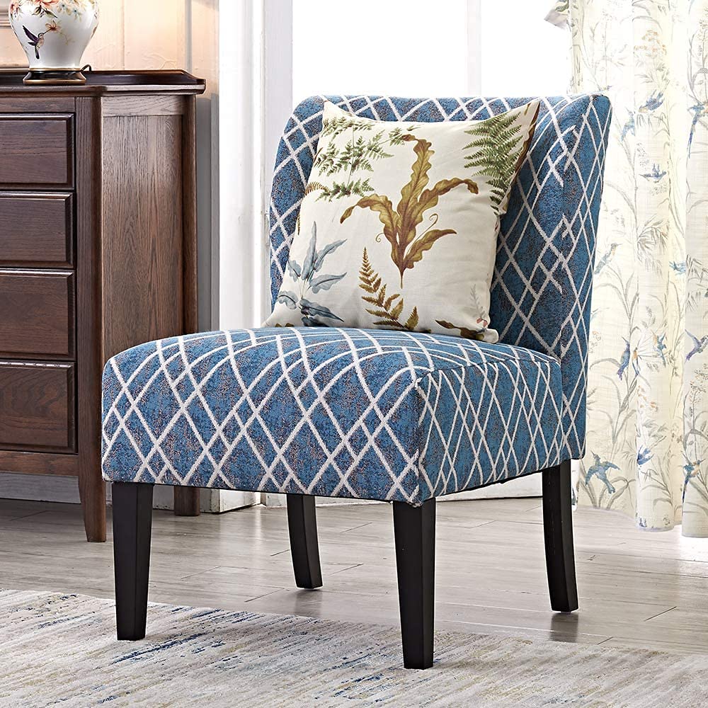 Modern Accent Chair - Blue Stripes Polyester Fabric Upholstered, Urban Style Armless Dining Side Chair with Solid Wood Legs (Set of 2) - Perfect for Kitchen, Living Room, Home Office & Small Space Decor