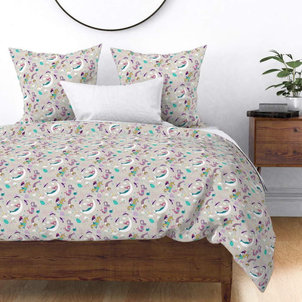Custom Spoonflower Cotton Sateen Duvet Cover Twin Size - Mermaid Lullaby Candy Seahorse Turtle Ocean Theme Boho Baby Girl Bedding Set | Whimsical Nautical Nursery Decor for Girls' Room