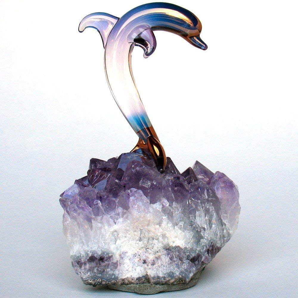 Hand Blown Glass Dolphin Figurine on Amethyst Crystal Base - Elegant Home Decor, Office Desk Ornament & Unique Gift for Ocean Lovers