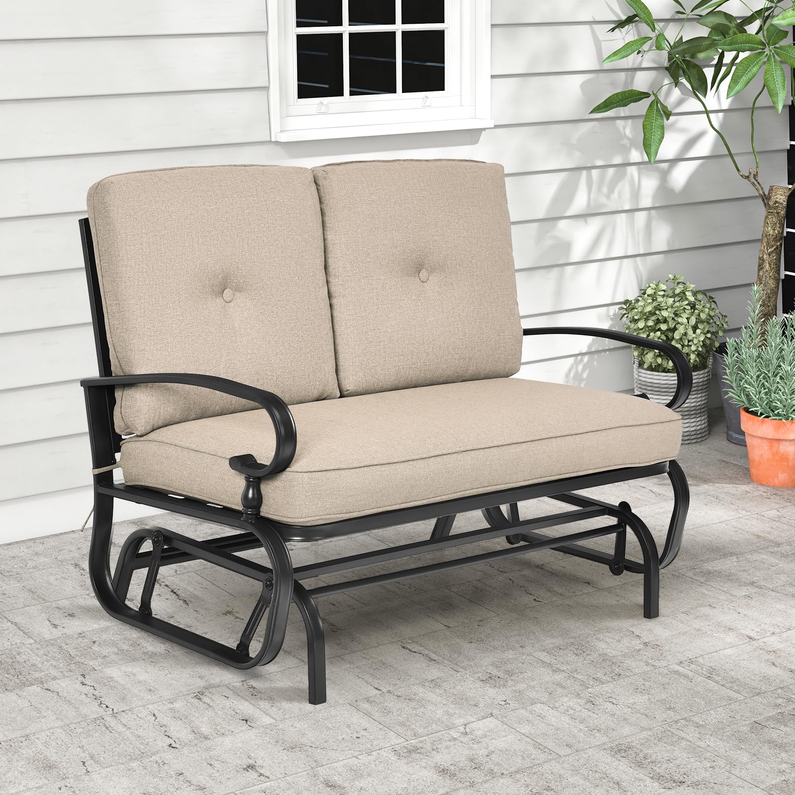 **Tangkula Outdoor Swing Glider Chair for 2 Persons - Patio Loveseat Bench with Steel Frame & Comfortable Cushions - Perfect for Garden, Porch, Balcony & Poolside Relaxation (Beige)**