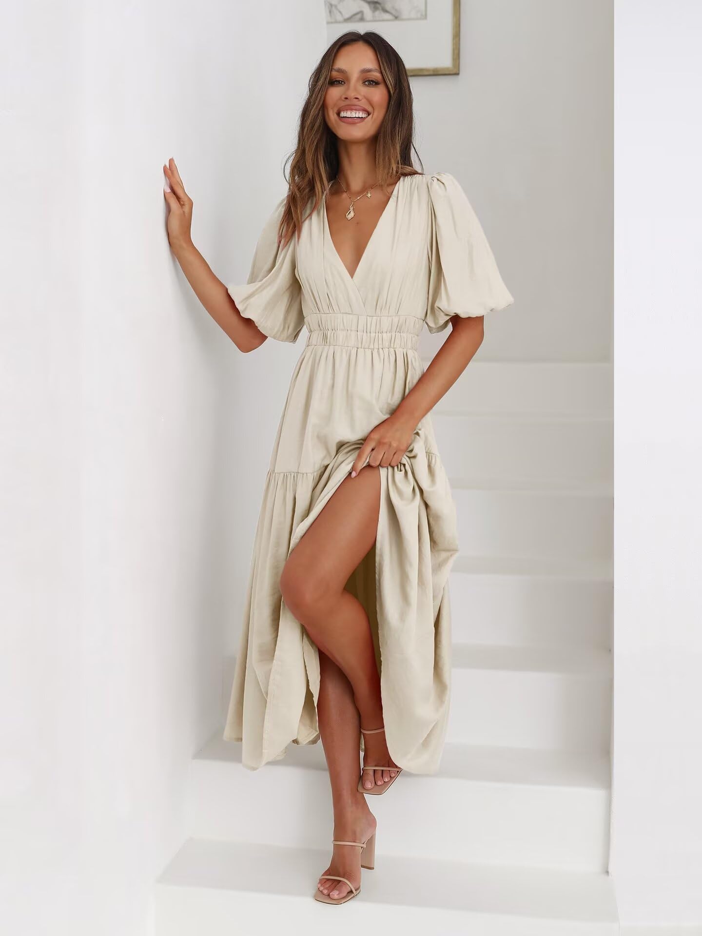 Women's Summer Swing Dress - Short Sleeve V-Neck Flowy Tiered Maxi Dress for Beach, Vacation & Casual Wear | Lightweight Comfortable Sundress for Outdoor Activities