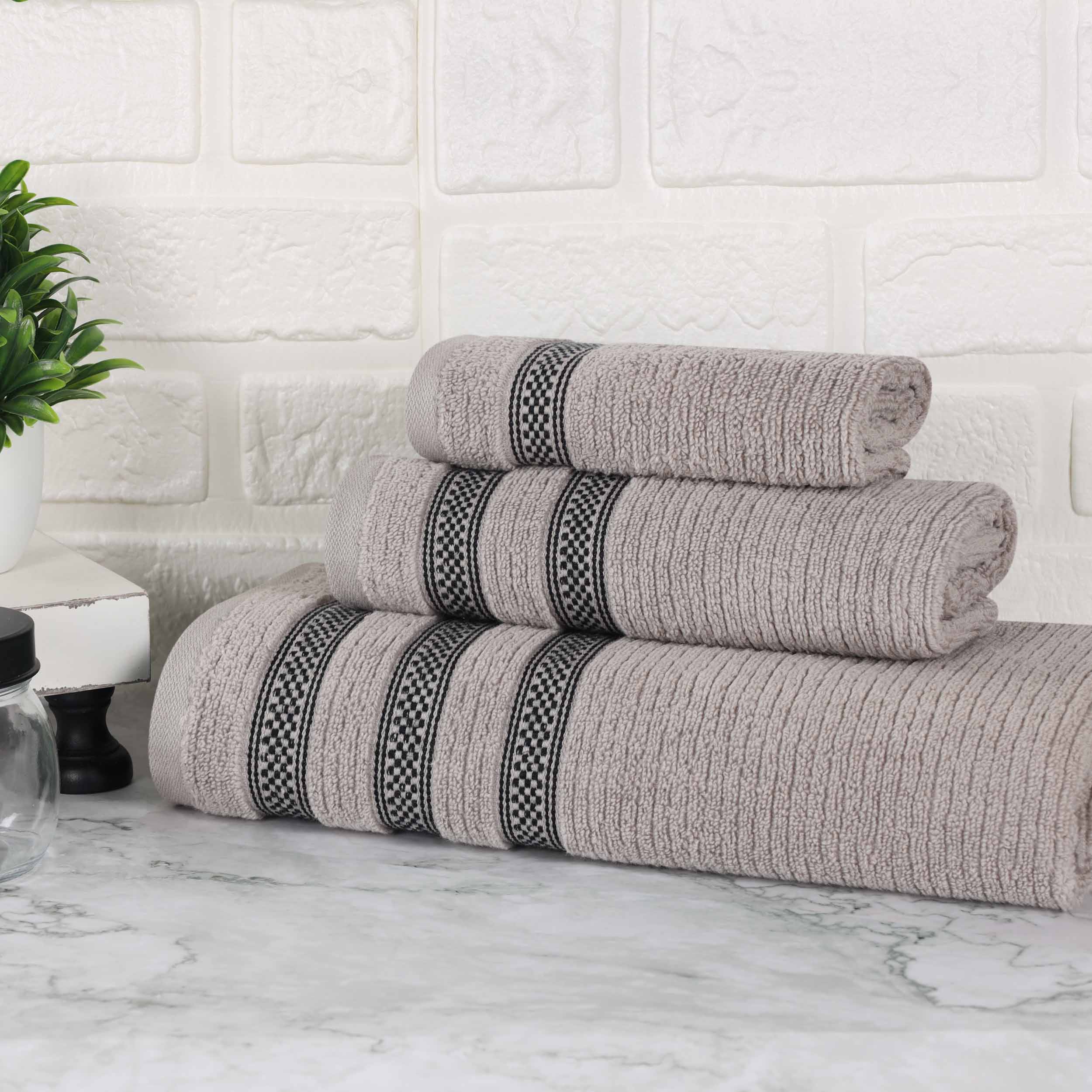 Soft Zero Twist Cotton Ribbed Geometric Border Plush 3-Piece Bath Towel Set | Ultra Absorbent & Quick Dry for Spa, Bathroom & Beach Use
