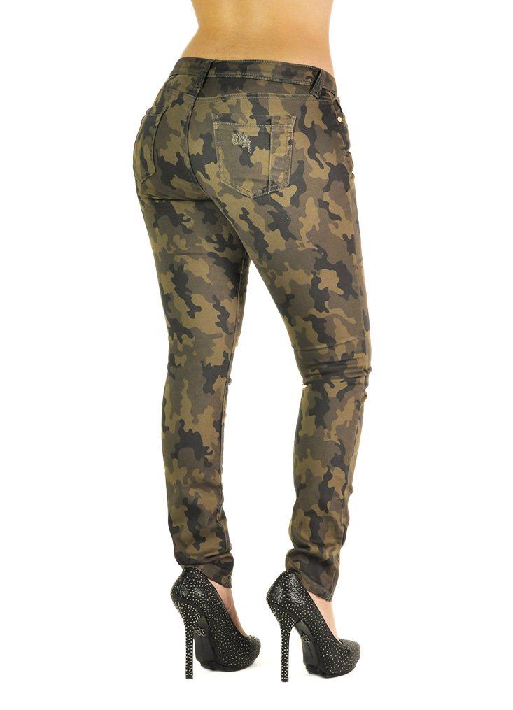 Poetic Justice Women's Curvy Fit Camo Print Stretch Twill Destroyed Skinny Jeans | High Waisted Ripped Denim Pants for Casual Wear & Street Style Outfits