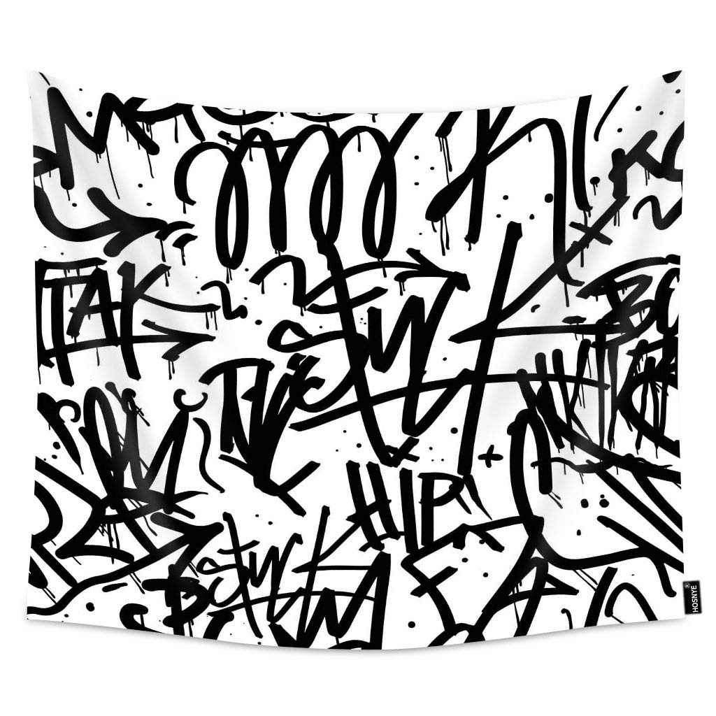 HOSNYE Black Graffiti Alphabet Tapestry - Urban Street Art Wall Hanging with Abstract Spray Text Design - 60 x 51 Inch Large Cartoon Tapestry for Bedroom, Living Room, Dorm Decor - Perfect for Teen Room, Music Studio & Urban Style Home Decor