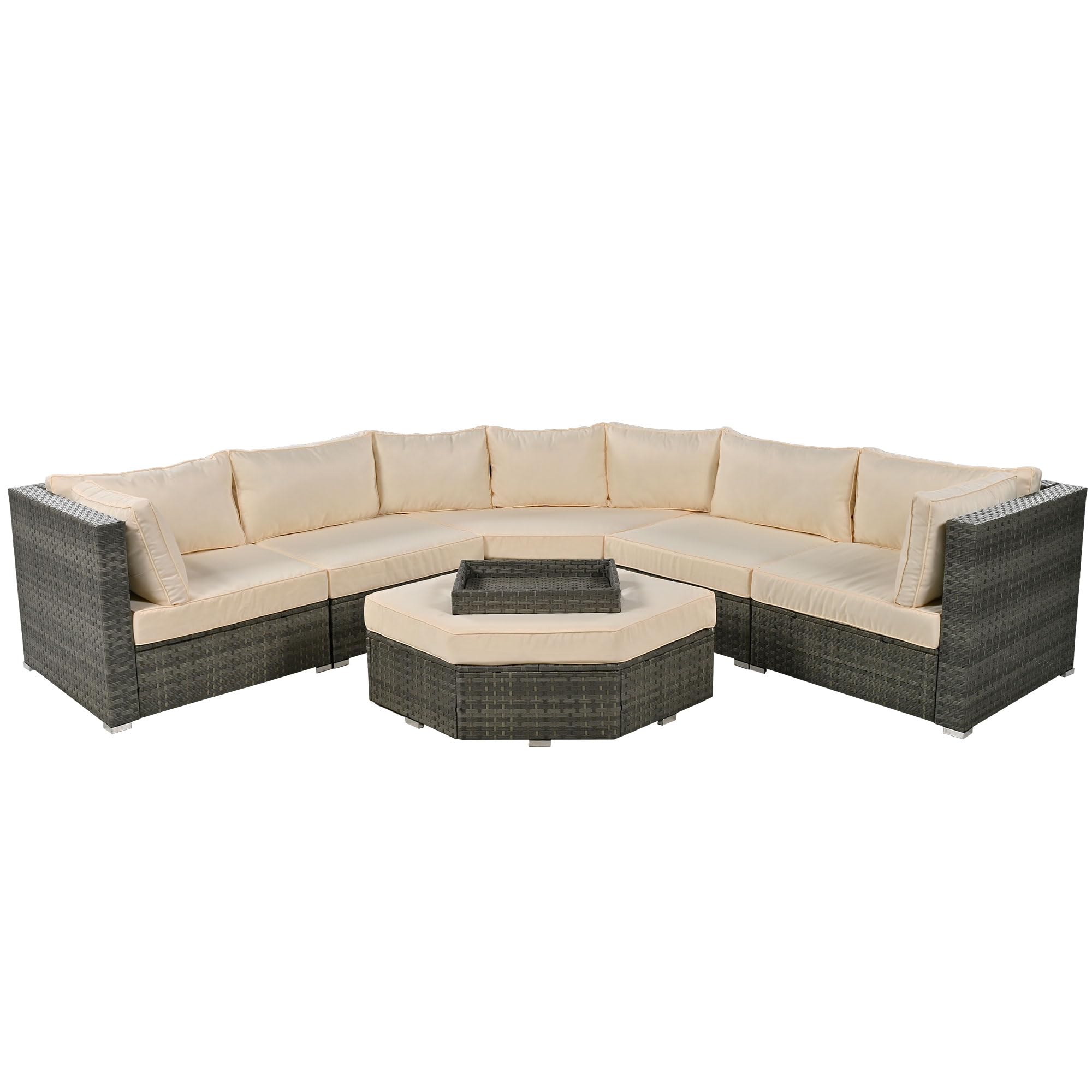 Harper & Bright Designs 6-Piece All-Weather Outdoor Patio Furniture Set - Rattan Wicker Sectional Sofa with Ottoman, Cushions & Trays in Beige - Perfect for Backyard, Garden, Poolside & Terrace Relaxation
