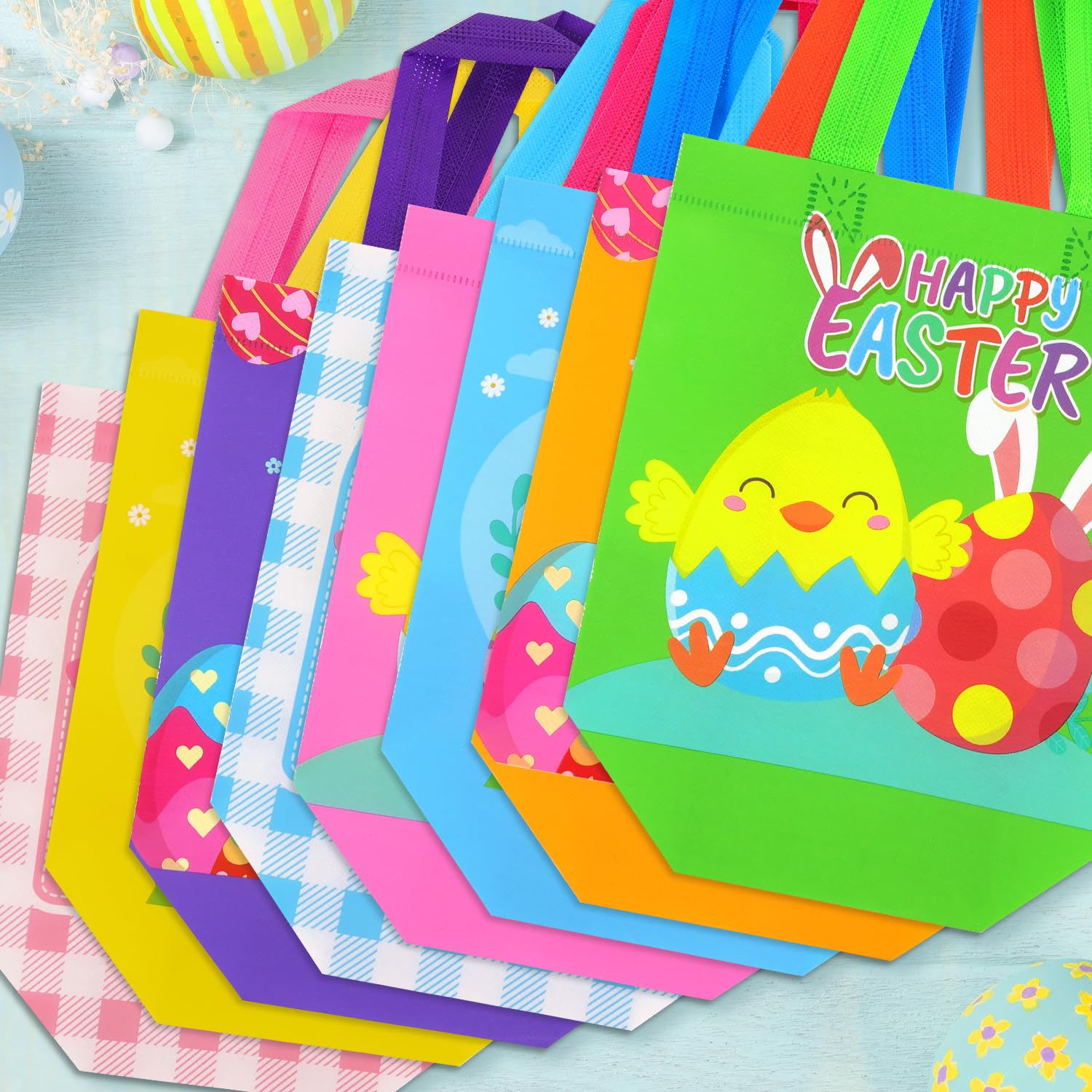 16PCS Reusable Easter Gift Bags with Handles - Non-Woven Easter Egg Hunt Treat Bags for Party Favors, Candy & Goodies | Easter Basket Fillers, Holiday Gift Wrapping & Spring Party Supplies