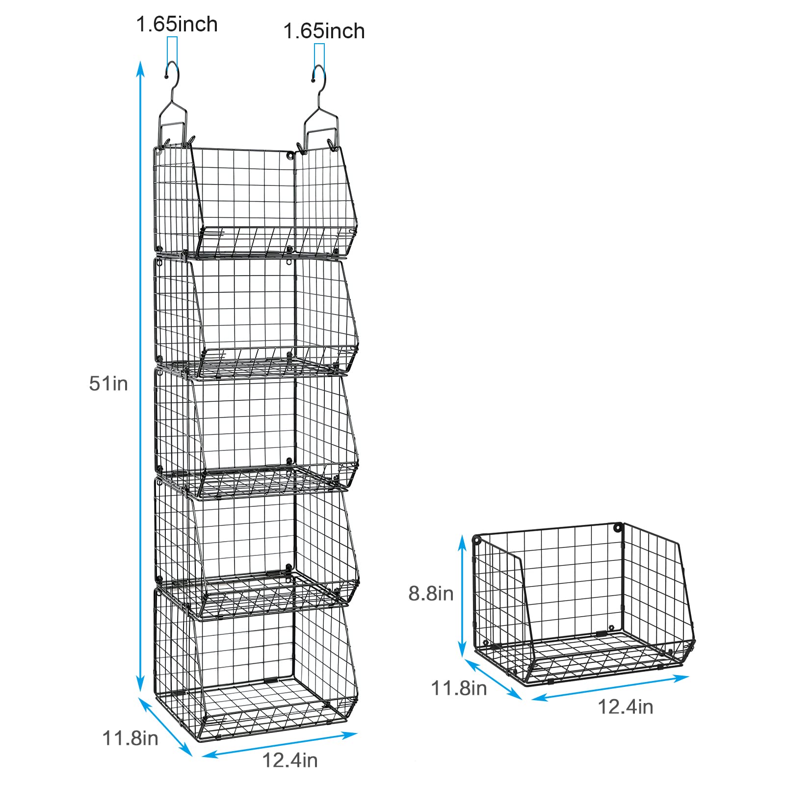 5-Tier Closet Hanging Organizer with 4 Hooks & 5 S-Hooks - Wire Storage Baskets for Clothes, Sweaters, Shoes, Handbags & Accessories - Space-Saving Wardrobe Organizer for Bedroom, Closet & Dorm Storage