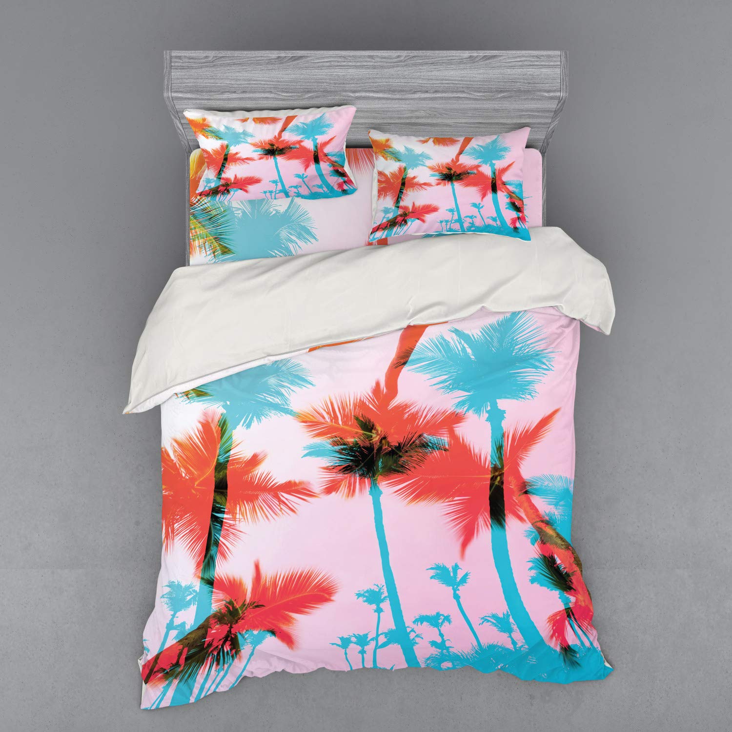 Ambesonne Tropical Bedding Set - Queen Size 4-Piece Duvet Cover with Shams & Fitted Sheet, Coconut Palm Tree Silhouette Design in Dark Coral, Pale Pink & Turquoise | Exotic Island Summer Beach Theme for Coastal, Boho or Vacation Home Decor