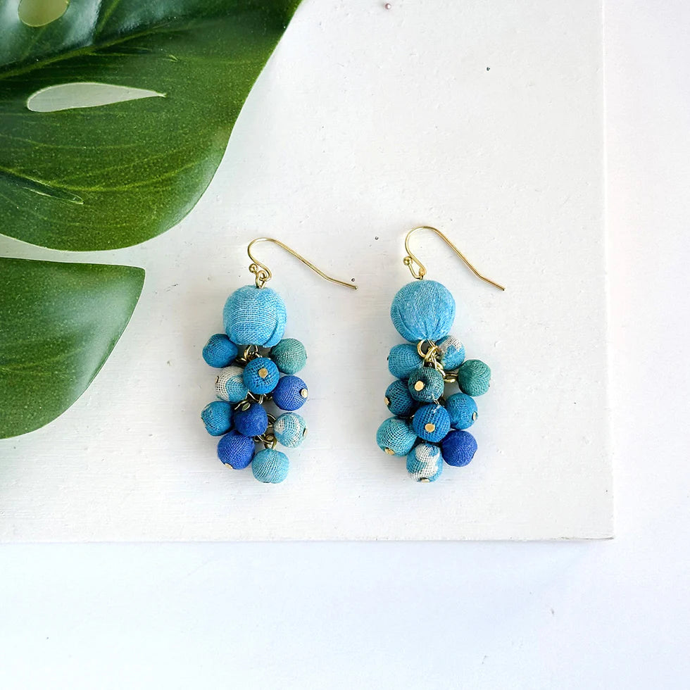 Handmade Kantha Azure Blue Dangle Cluster Earrings - Boho Ethnic Jewelry for Women, Perfect for Festivals, Weddings & Casual Wear