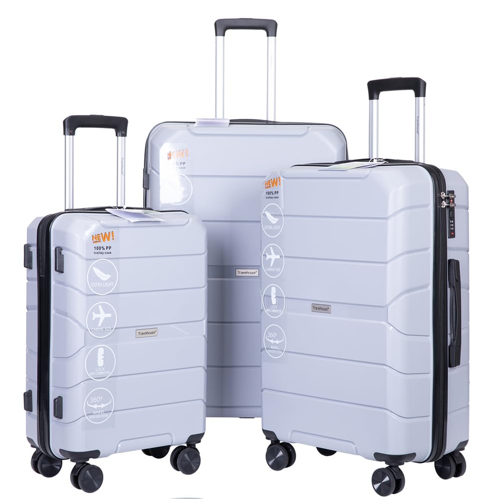 Travelhouse 3-Piece Lightweight Hardshell Luggage Set with Spinner Wheels & TSA Lock (20in/24in/28in Carry On Suitcases) - Silver for Men & Women - Perfect for Air Travel, Business Trips & Vacations