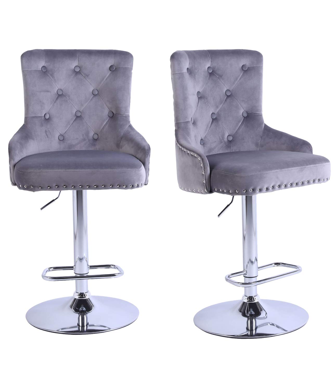 Swivel Bar Stools with Velvet Upholstery - Adjustable Height Counter Stools with Polished Chrome Metal Base - Set of 2 for Kitchen Island, Breakfast Bar & Home Decor (Gray) - Modern & Comfortable Seating for Dining & Entertaining