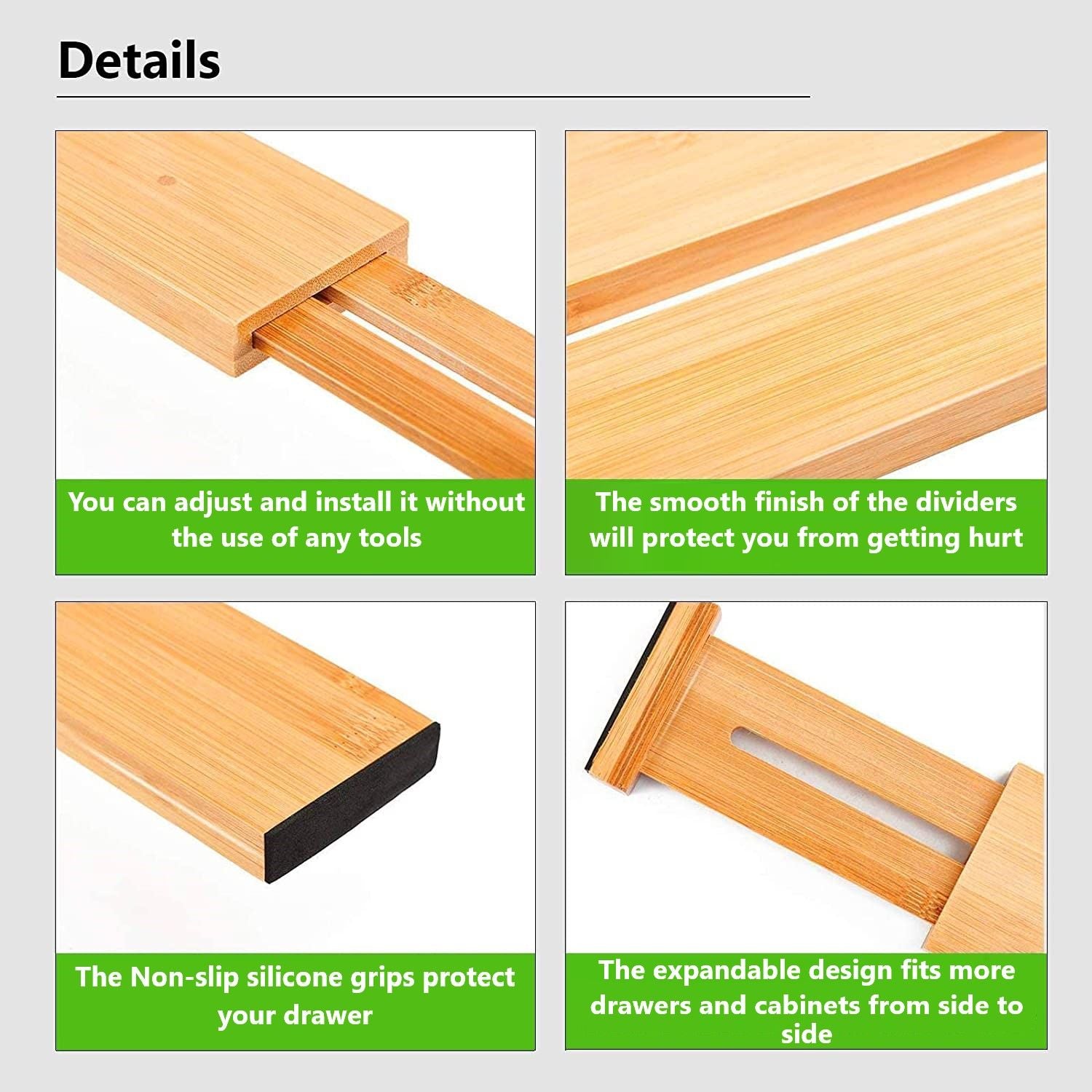 12 Pack Bamboo Adjustable Kitchen Drawer Organizers - Large Size (44-55cm) for Utensils, Spices & Cutlery - Perfect for Pantry, Office & Bathroom Storage