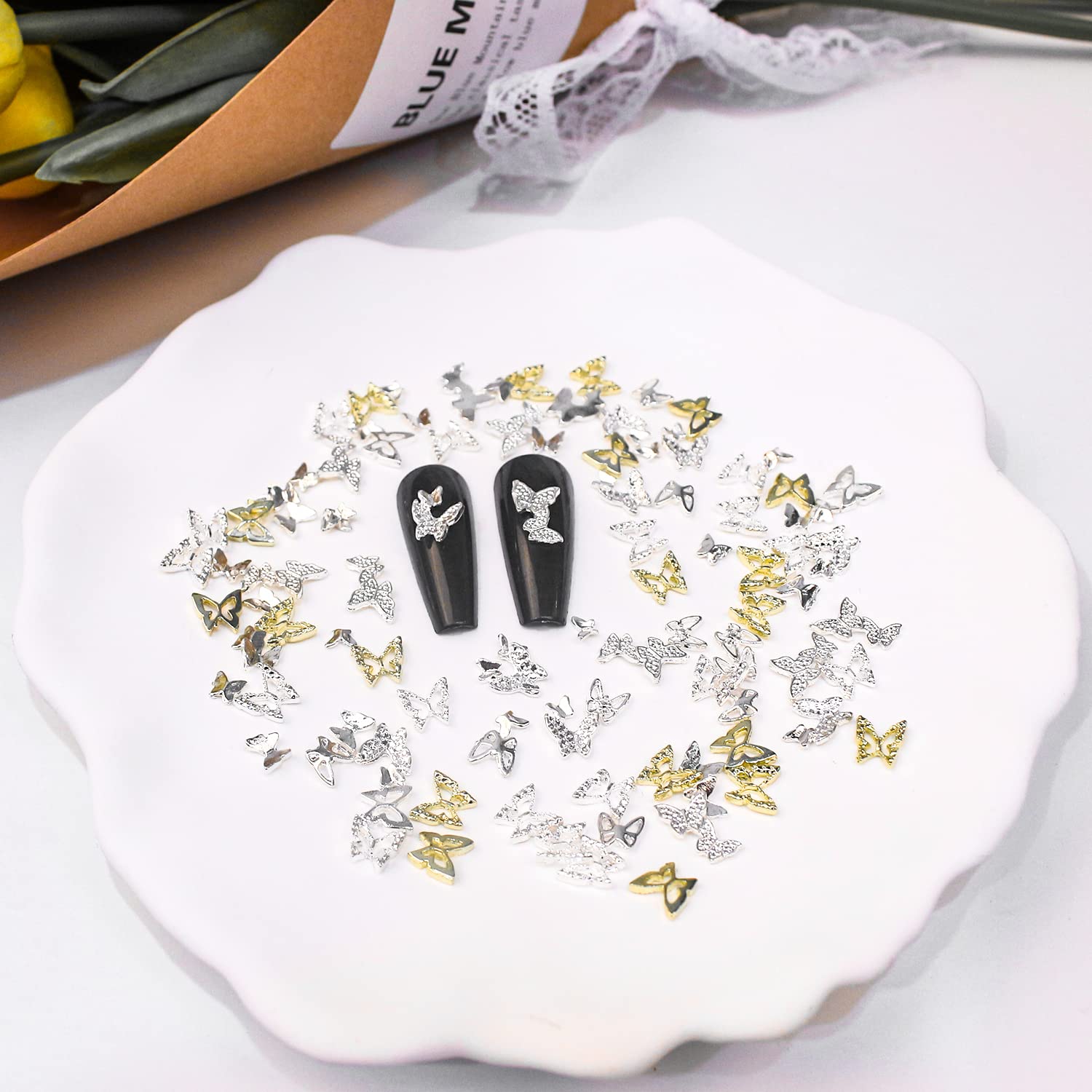 SILPECWEE 100pcs 3D Gold Silver Butterfly Nail Charms - Alloy Hollow Nail Studs & Nail Jewels for Nail Art Decoration | Perfect for Acrylic Nails, DIY Manicures & Professional Salon Use