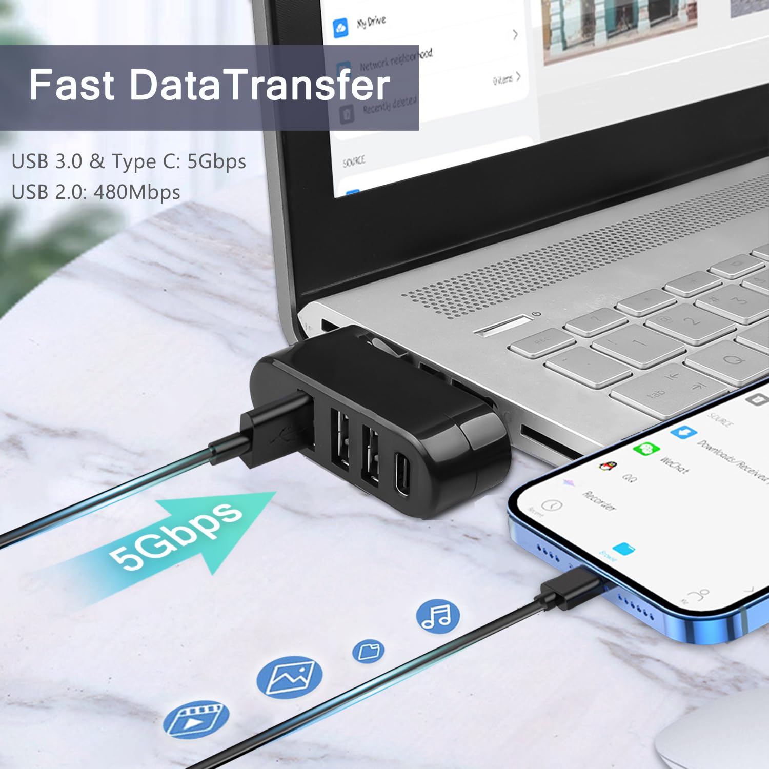 VIENON 4-Port USB 3.0 Hub with 90°/180° Rotation - 3 USB Ports + 1 USB-C Power/Data Port - High Speed USB Splitter for Laptop, Desktop, MacBook, iMac, PC - Perfect for Office, Home & Car Use