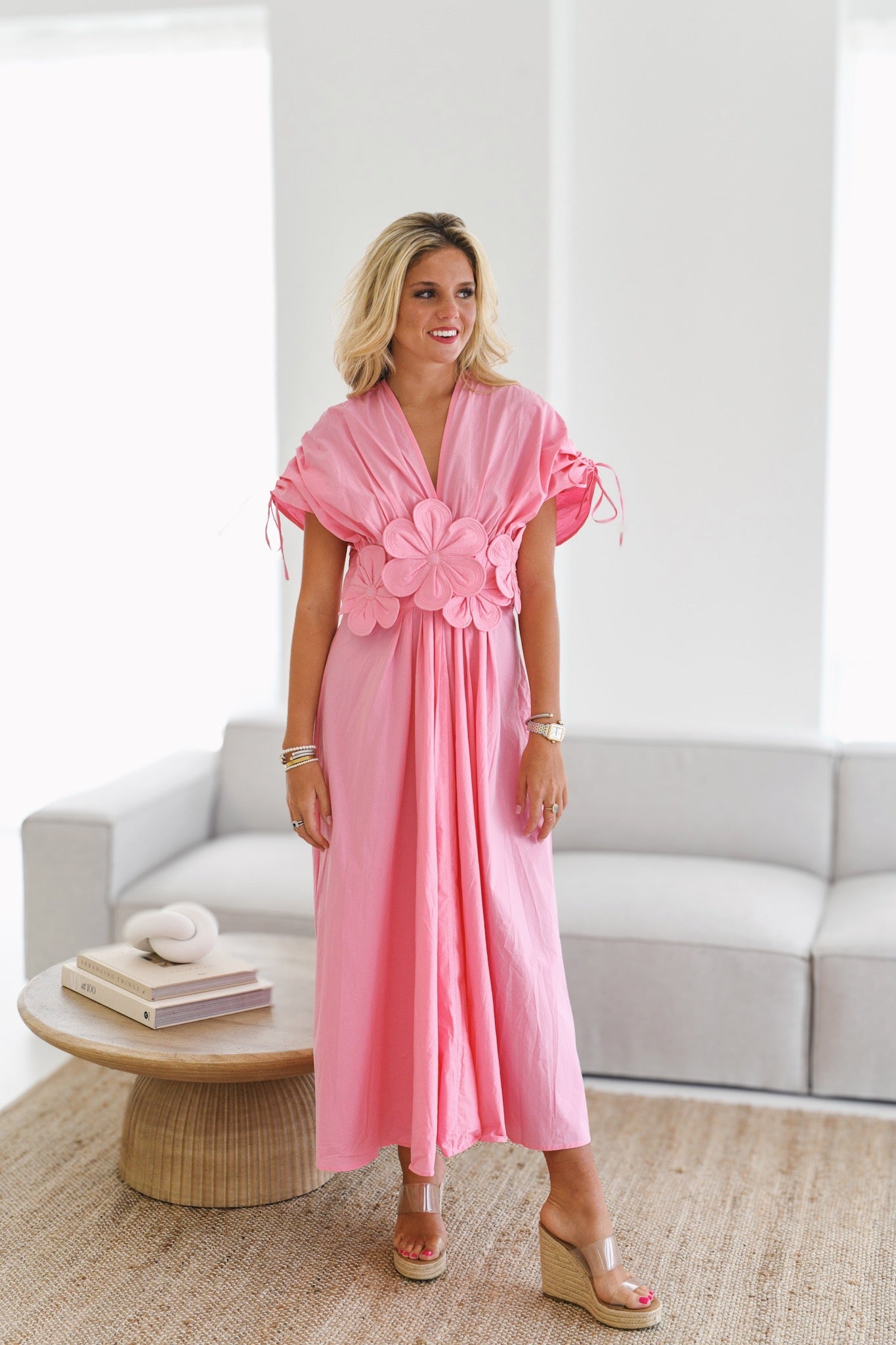Angie Floral Applique Midi Dress for Women - Elegant Pink Summer Dress for Wedding, Party & Date Night