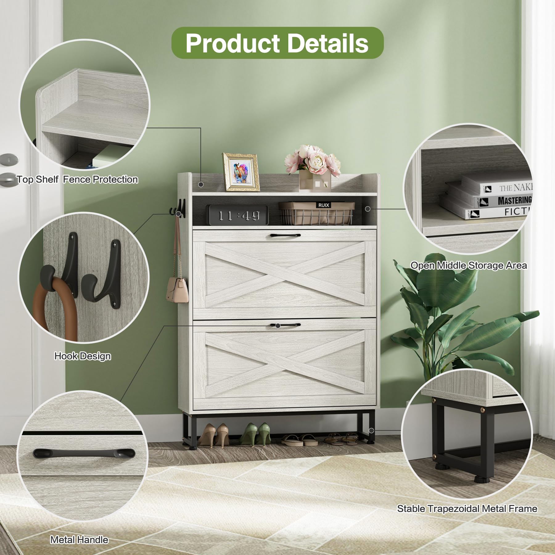 Slim Shoe Storage Cabinet with 2 Flip Drawers - Adjustable Shelves Freestanding Hidden Shoe Organizer for Entryway, Hallway, Closet - Space Saving Grey Cabinet for Shoes, Boots & Sneakers - Perfect for Small Apartments & Home Organization