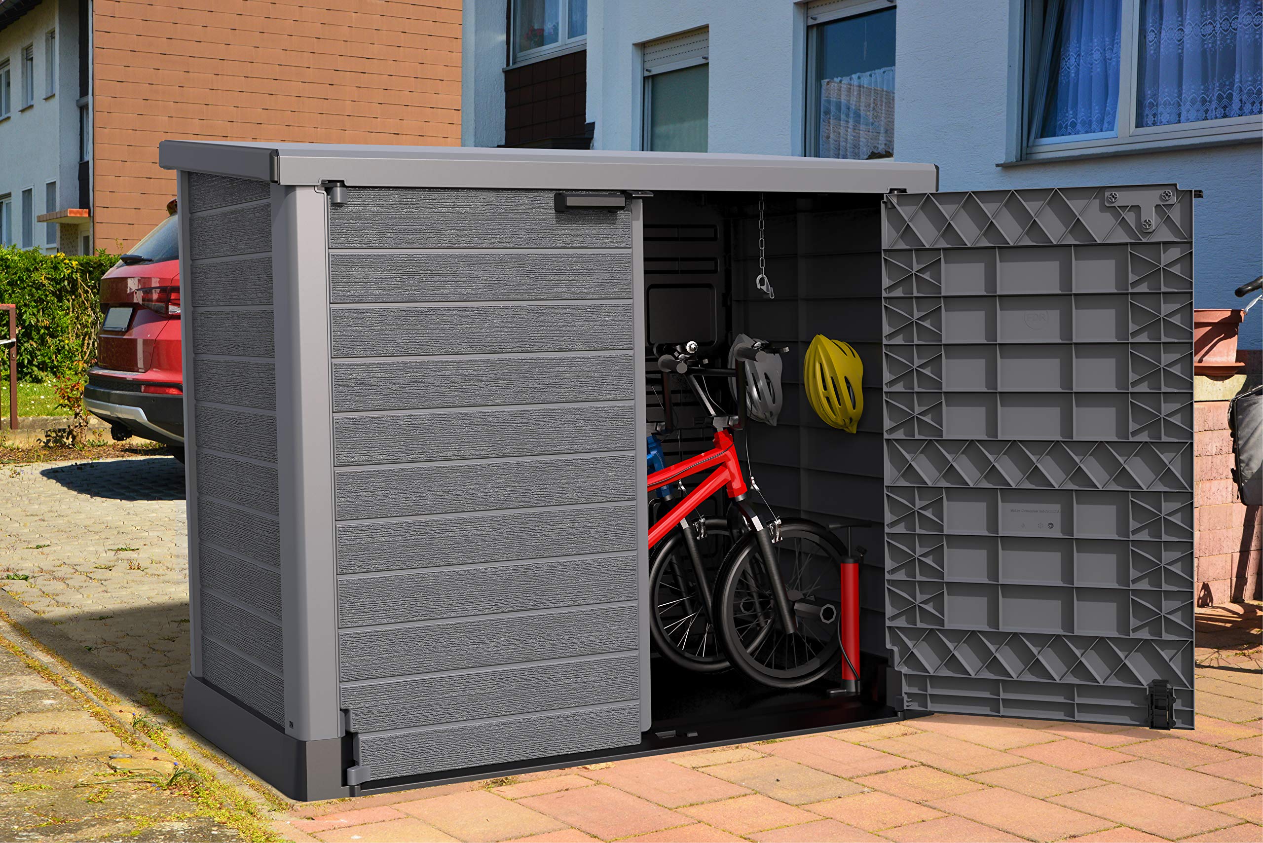 Duramax Cedargrain 1200L Plastic Outdoor Storage Shed with Flat Lid – Heavy-Duty Garden Shed for Bikes, Tools, BBQs & 2X 240L Bins – Weather-Resistant Grey Storage Unit (145x85x125 cm) – Perfect for Backyard, Patio & Garage Organization