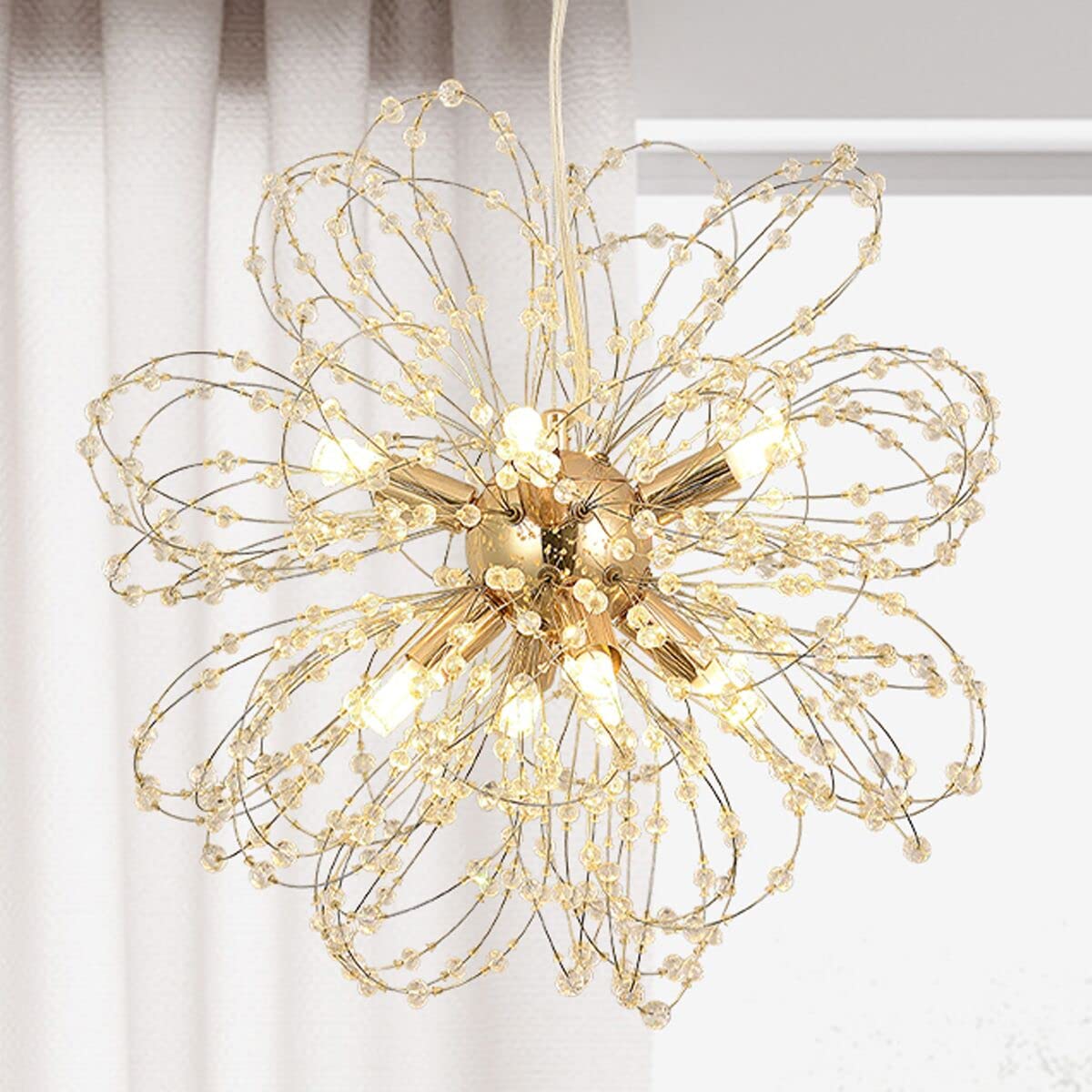 Modern Small Chandeliers - LED Gold Pendant Lighting with Sputnik Sunflower Design & Crystal Beads, 8-Light Fixture (15.74