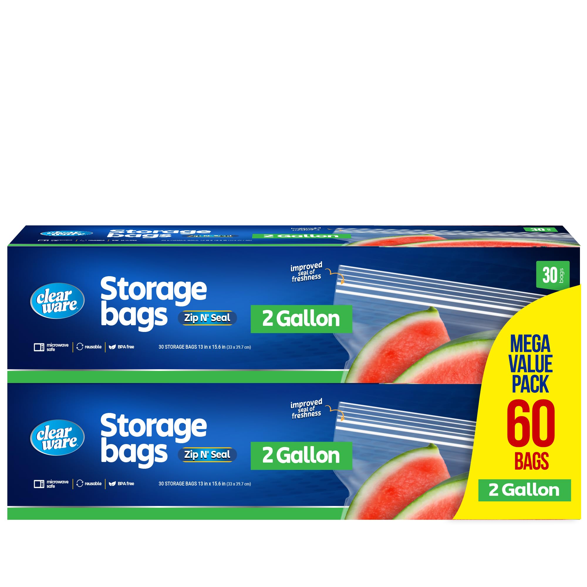 2 Gallon Heavy Duty Storage Bags with Double Zipper Seal - 60 Count BPA-Free, Microwave Safe Food Storage Bags for Lunch, Snacks & Meal Prep - Perfect for Freezing, Organizing & Sous Vide Cooking (2 Pack)