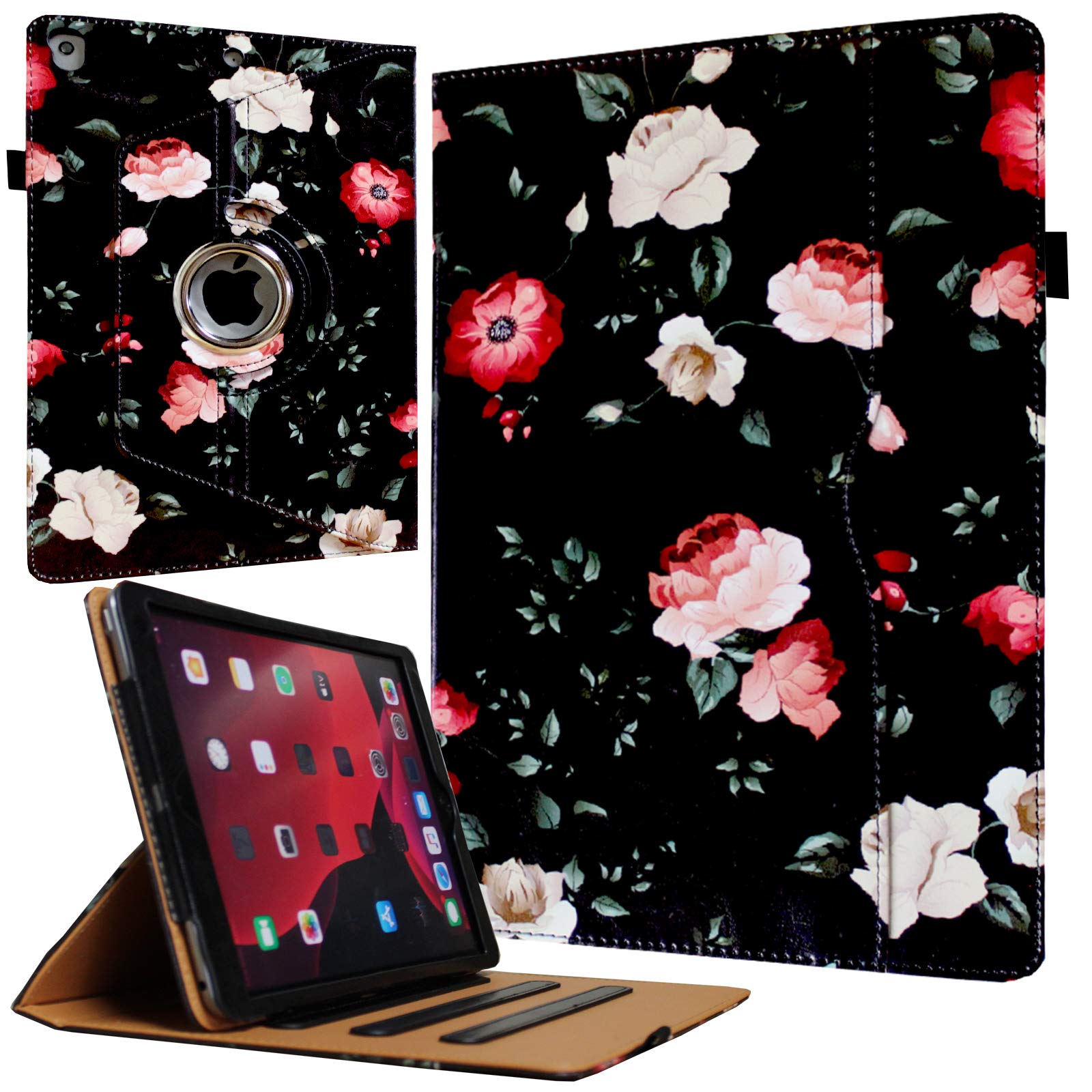 Premium 360° Rotating Case for iPad 9.7 (2018/2017) & iPad Air 1/2 - Multi-Angle Stand with Auto Wake/Sleep, Storage Pocket & Pencil Holder (Black Floral) - Perfect for Work, Study & Entertainment