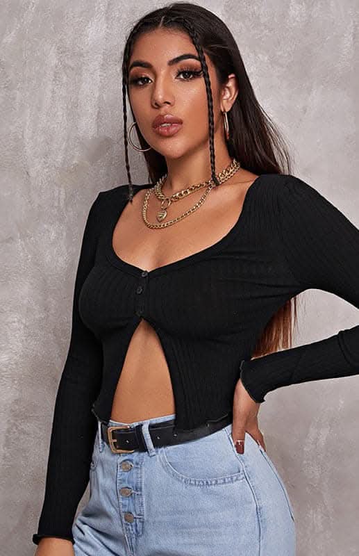 Stylish Long Sleeve Button Down Crop Top for Women | Fashionable Casual & Party Wear | Perfect for Date Nights, Office Outfits & Weekend Looks