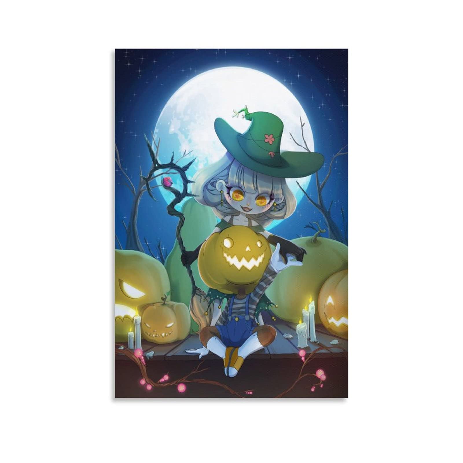 Halloween Magic Little Girl & Pumpkin Boy in Full Moon Cartoon Canvas Wall Art - 24x36 Inch (60x90cm) - Spooky Room Decor for Bedroom, Living Room, and Halloween Party Decoration