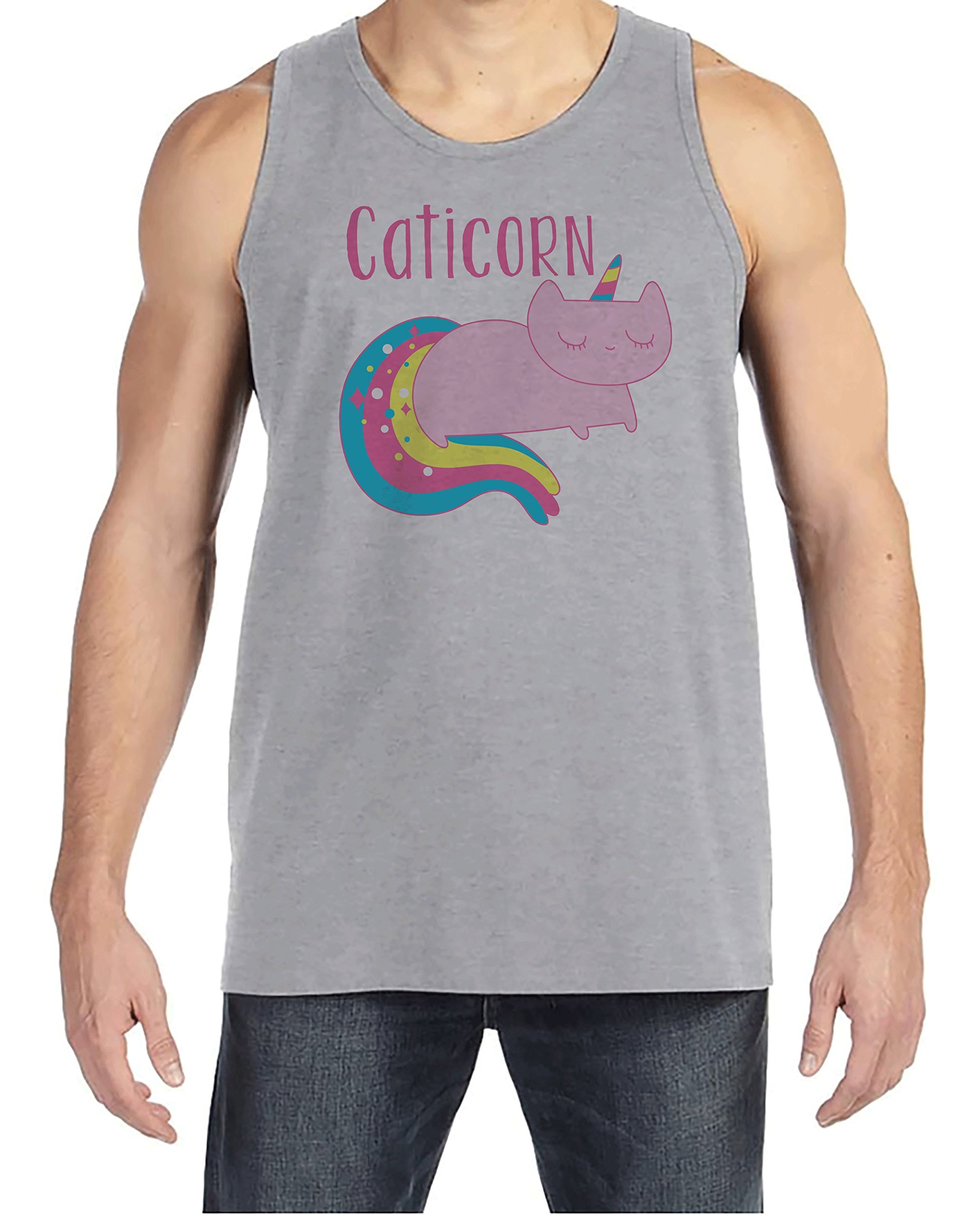 7 ate 9 Apparel Men's Graphic Cat & Unicorn Tank Top - Cool Summer Casual Tee for Beach, Gym & Streetwear Fashion