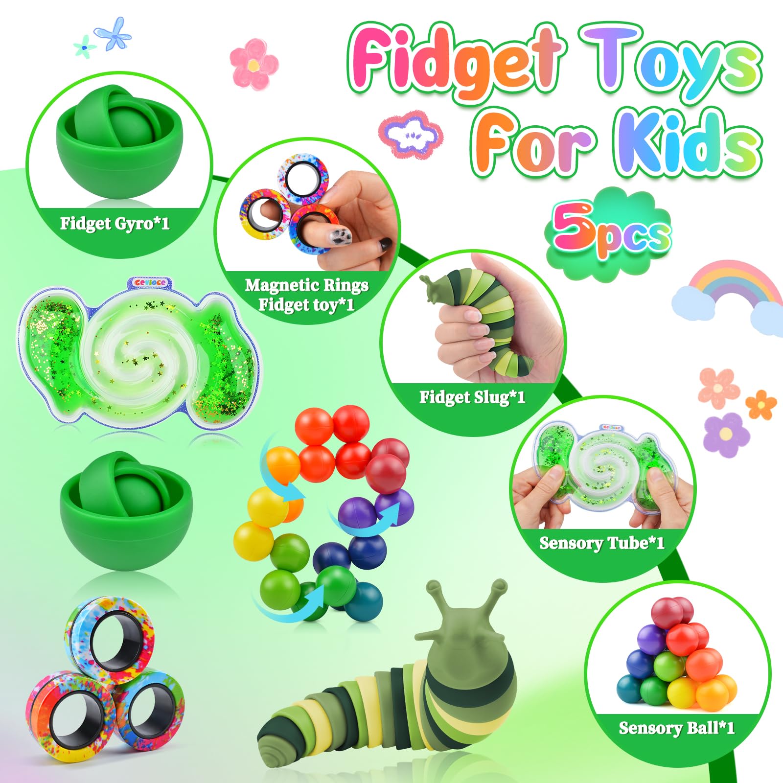 Cevioce 5Pcs Stress Relief Fidget Toys Set for Adults & Kids - ADHD Sensory Toys with Spinner, Slug Magnetic Rings & Squishy Toys - Easter Basket Stuffers, Party Favors, Autism Therapy & Classroom Sensory Tools